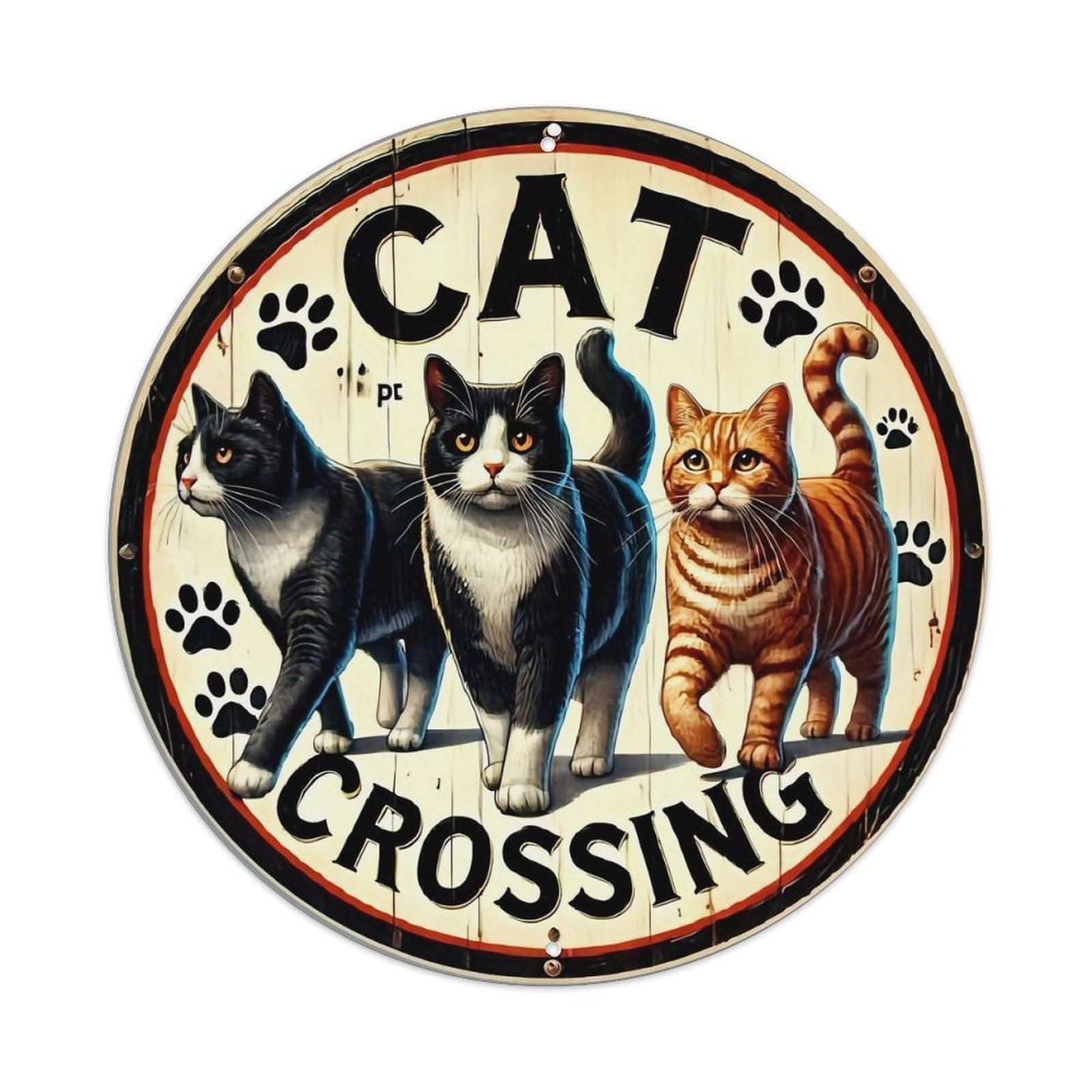 Cat Crossing Sign With Three Cats Retro Metal Sign Round Tin Sign, Vintage Decor Art Poster for Bar, Home, Man Cave, Kitchen, Laundry Room Gift 8x8Inch