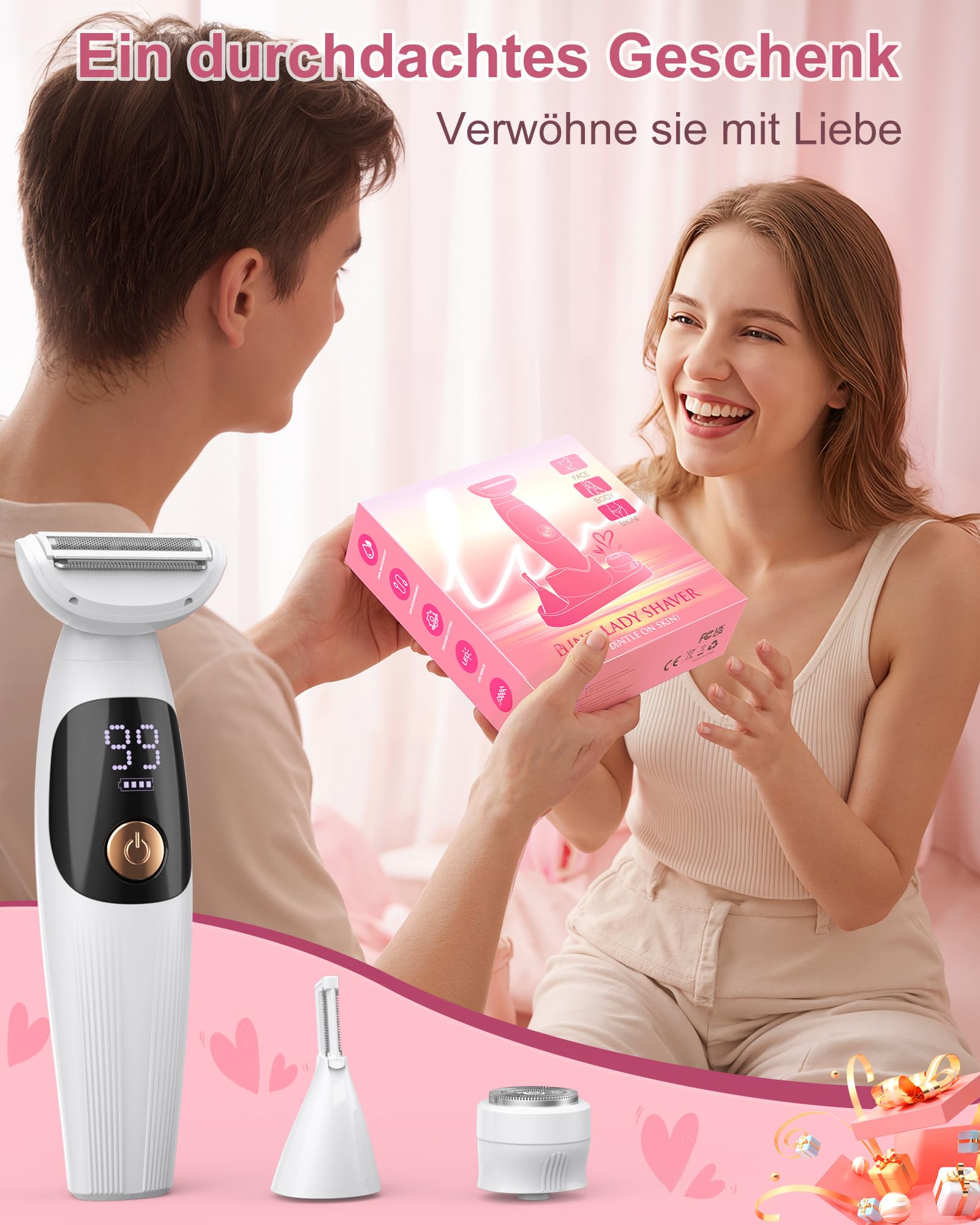 Rasierer Damen,3-In-1 Intimrasierer für Frauen & Gesichtshaarentferner für Frauen,IPX7 Wasserdicht, Nass&Trocken,Damenrasierer Elektrisch für Bikinizone,Achseln,Beine,Bikini Trimmer mit USB Aufladung
