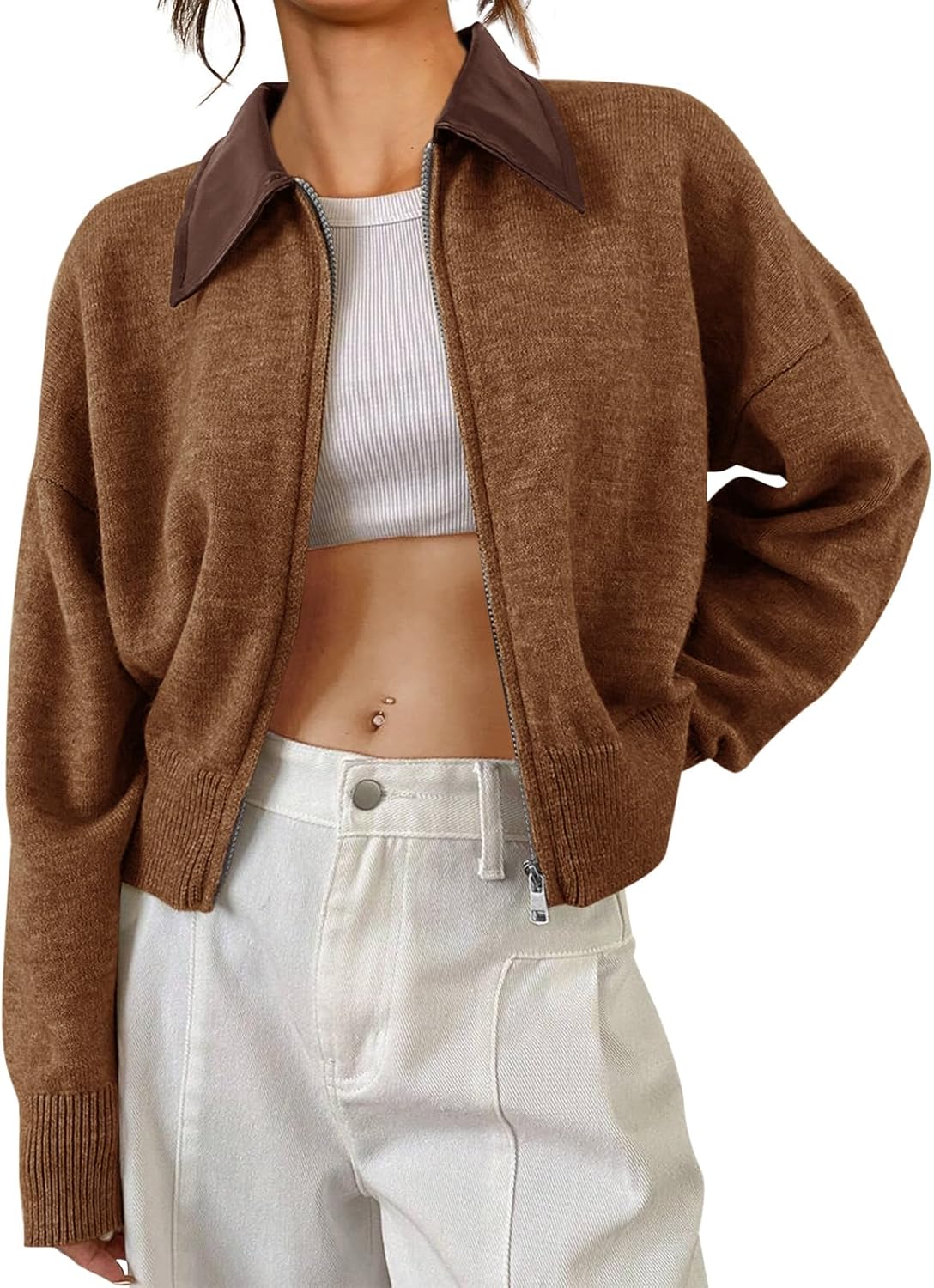 Saodimallsu Womens Zip Up Barn Jacket Cropped Faux Leather Collared Open Front Long Sleeve Fall Cardigan Sweaters