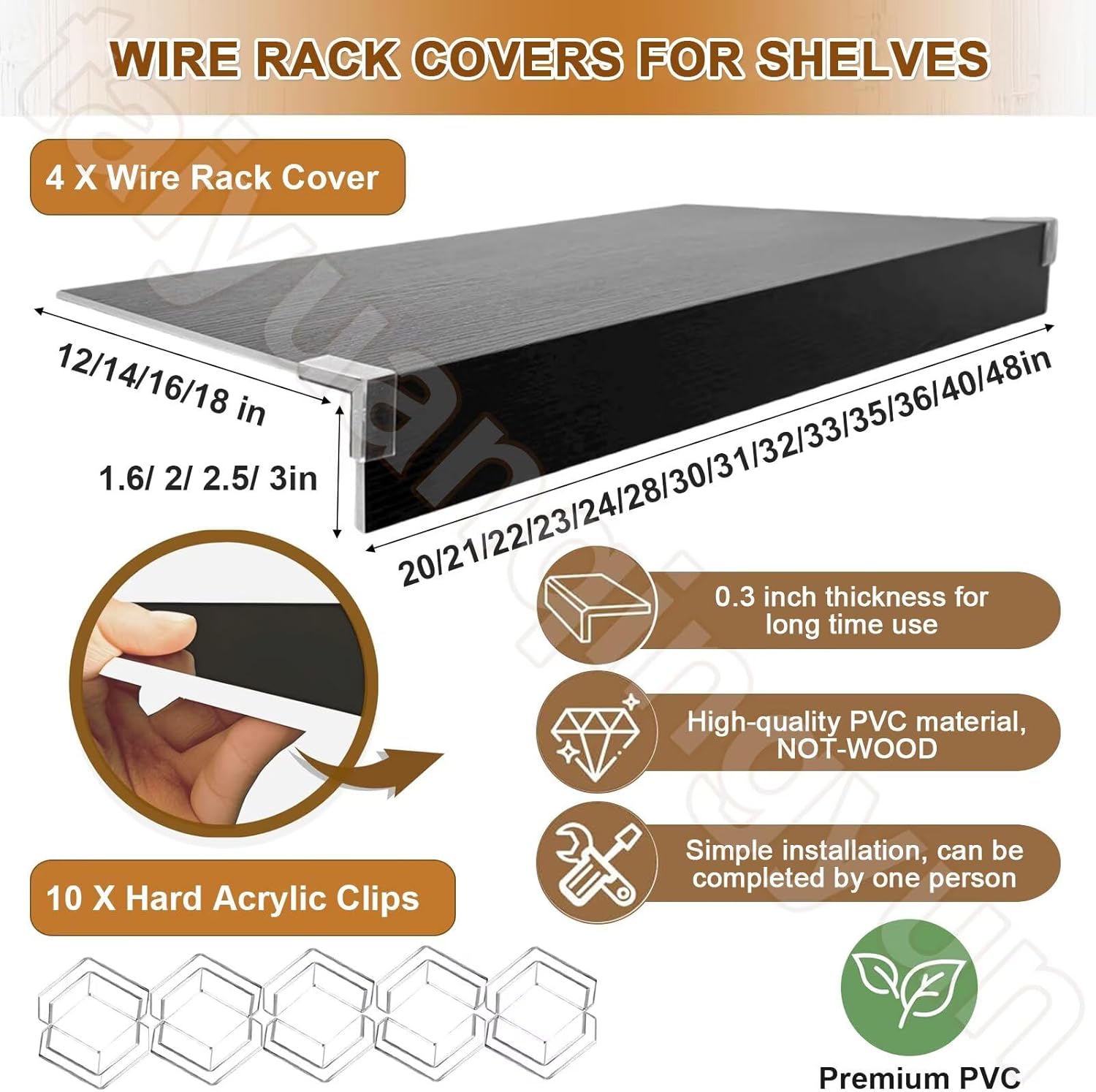 Wire Shelf Cover 16x42 inch, 4Pcs Black Faux Wood Shelf Covers for Wire Shelving, 3 in Thick Wires Rack Covers for Shelves, Waterproof PVC Shelfs Cover for Pantry Kitchen Closet Bathroom Office