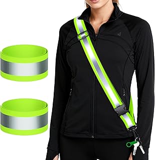Reflective Gear for Walking at Night, High Visibility Safety Reflective Sash Belt and 2-Pack Armband Set, Night Walking Safety Gear for Women Men Kids, Green
