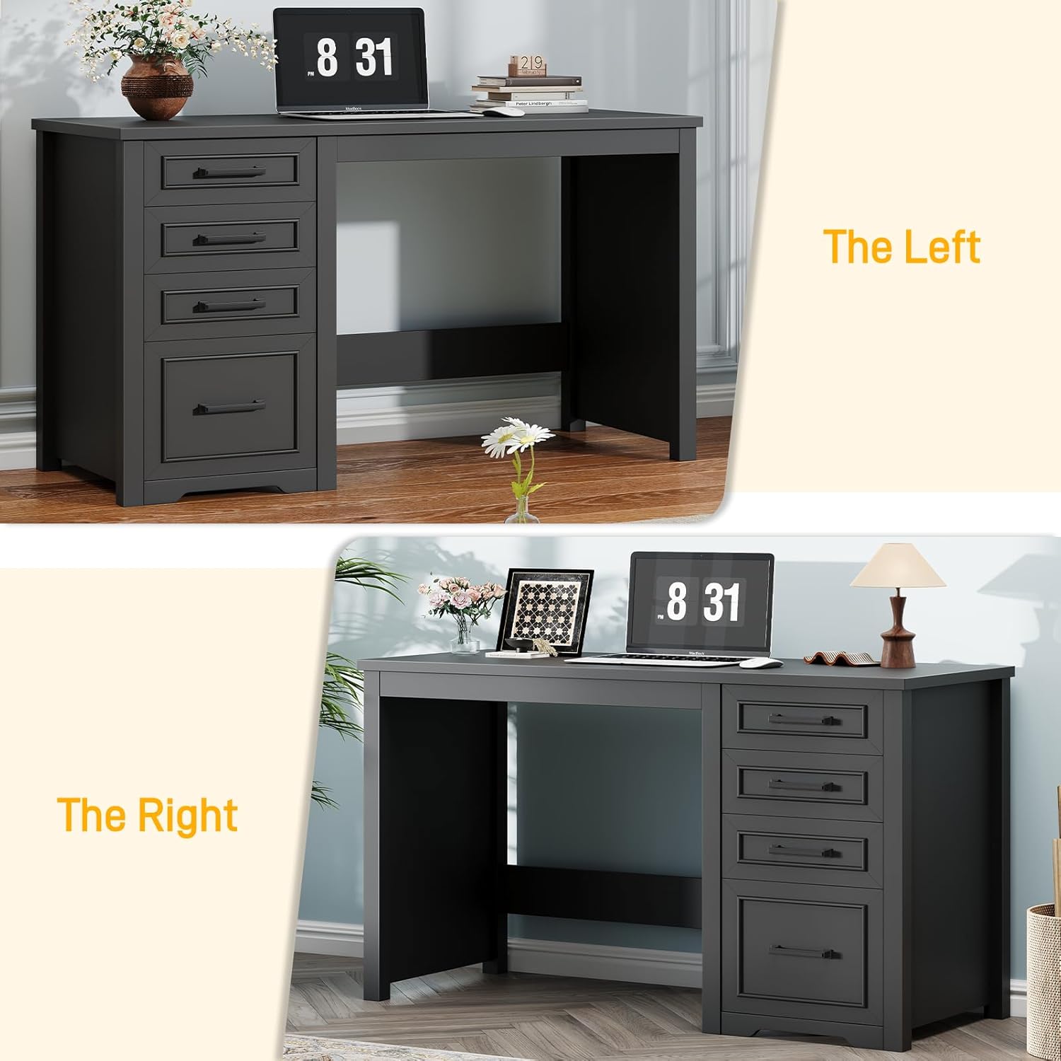 Vabches Farmhouse 49” Executive Desk with File Drawer, 4 Drawers Reversible Computer Desk with Storage, Rustic Home Writing Workstation for Home Office.Black