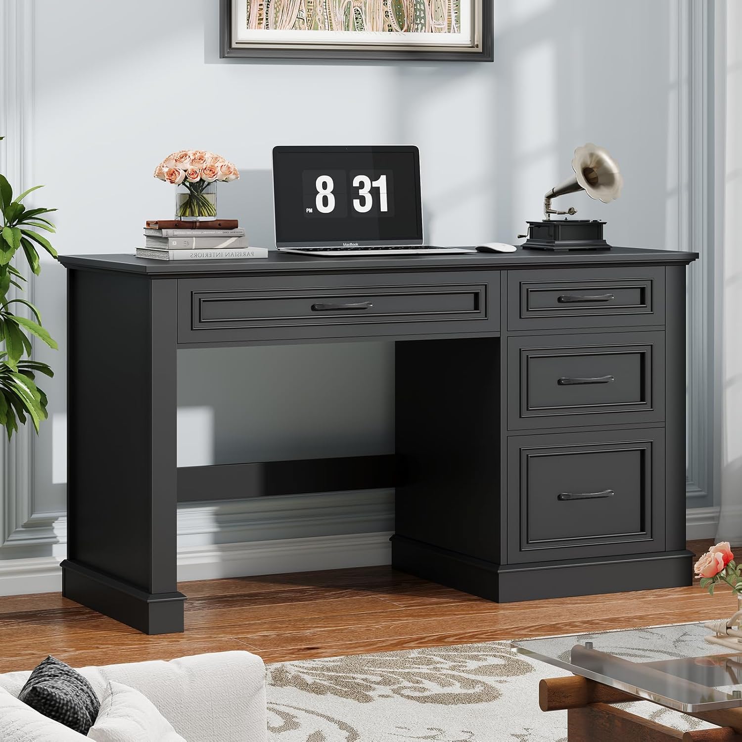 Farmhouse 47" Executive Desk, Computer Desk with Drawers and File Drawer, Workstation Computer Desk with Charging Station for Home Office, Study,Pure Black.