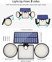 Vista 2 de Luces solares de pared para exteriores, 260 lm, 204 luces LED de inundación, luz LED IP65, 3 cabezales ajustables de iluminación gran angular