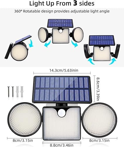 Miniatura 2 de Luces solares de pared para exteriores, 260 lm, 204 luces LED de inundación, luz LED IP65, 3 cabezales ajustables de iluminación gran angular de