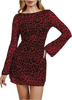 Women's Leopard Print Dress Y2k Backless Mesh Bell Sleeve Mini Cheetah Print Dress - Buy now