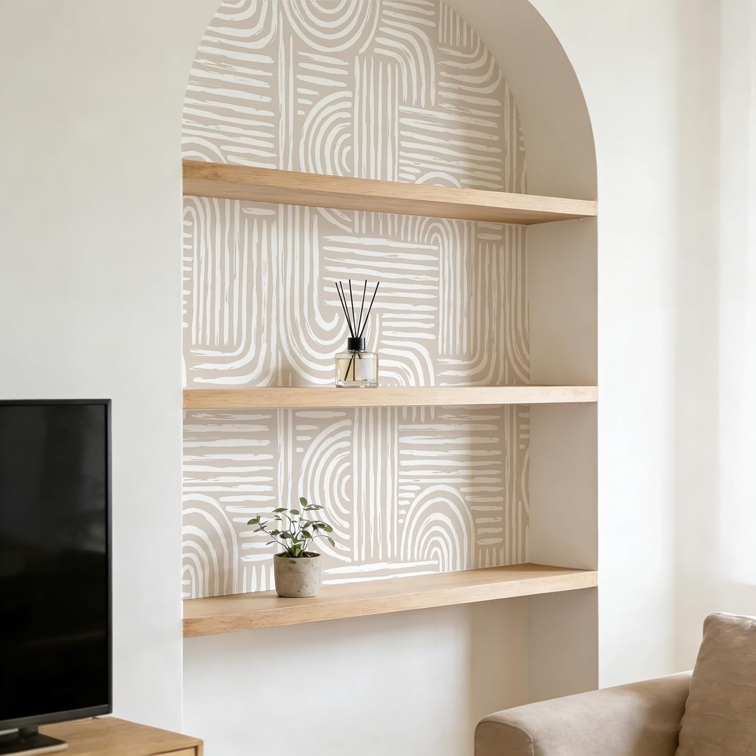 Stickyart Beige White Geometric Wallpaper Peel and Stick Modern Line Art Mid Century Wall Paper Removable Neutral Abstract Geometric Contact Paper Striped for Cabinets Accent Wall 17.5"x80"