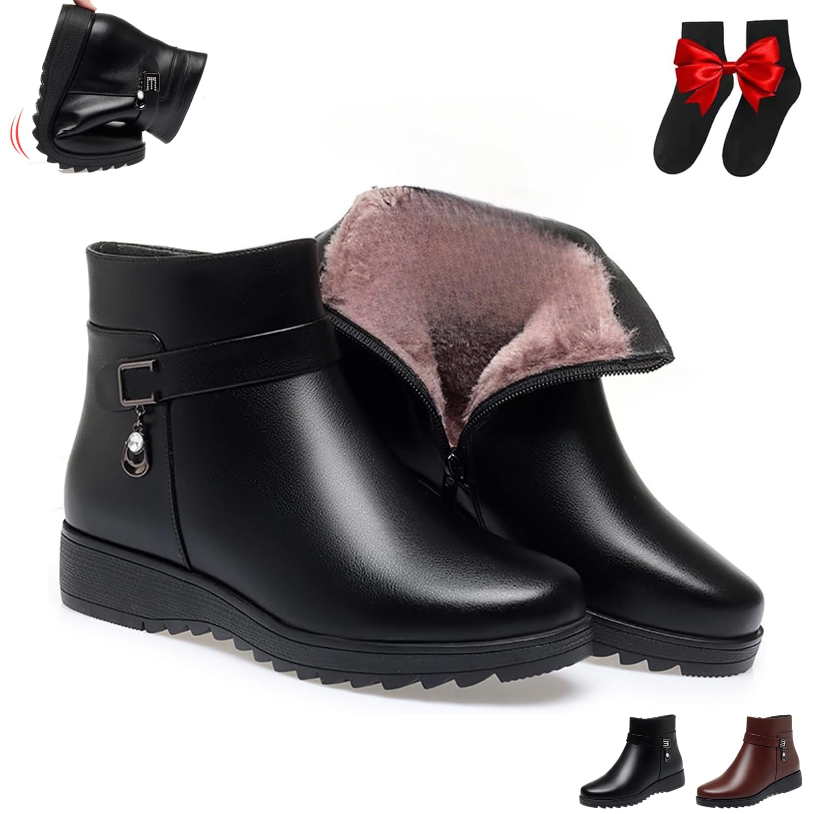 Womens Leather Wedge Winter Orthopedic Snow Boots Winter Warm Slip On Fur Lined Snow Boots Fashion Sparkling Rhinestones
