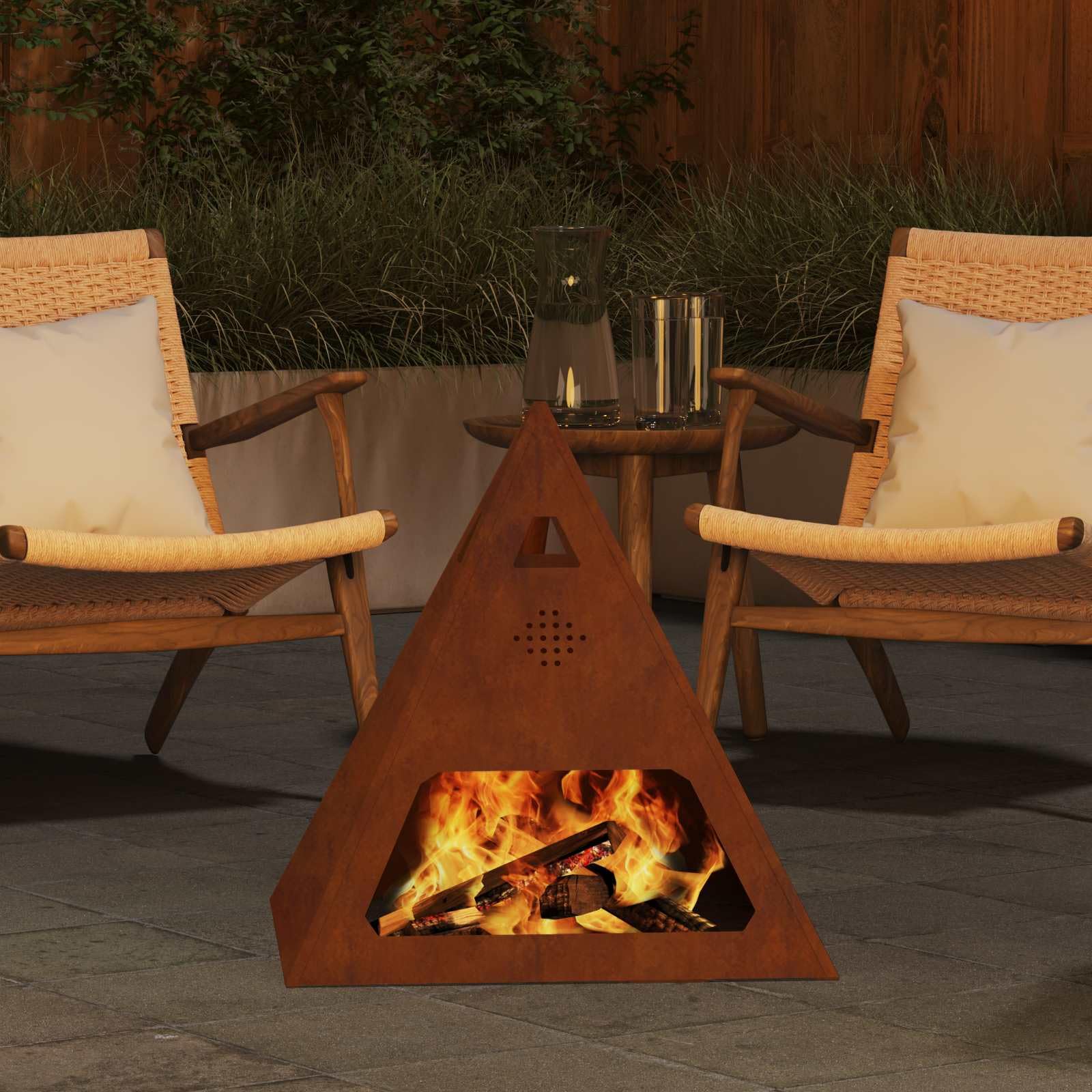 Brasero marrón de acero resistente a la intemperie, 50 x 50 x 51 cm, forma pirámide, cesta de leña para jardín y patio, circulación de aire eficiente, portátil, duradera, acogedora calidez