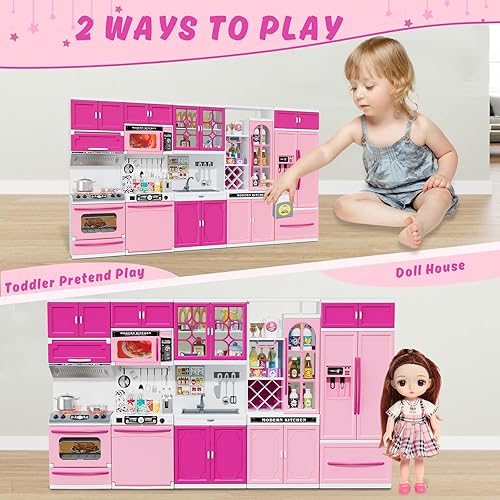 Miniatura 5 de Juego de cocina 5 en 1 para niños con luces y sonidos realistas, mini juguetes de cocina para niñas, juguete de cocina para muñecas, mini muebles de