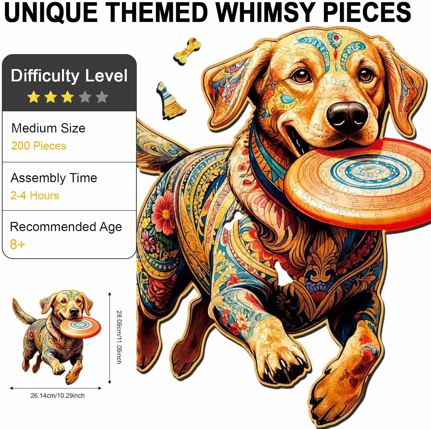 Wooden Puzzle for Adults, Dog with Frisbee Wooden Jigsaw Puzzle 200 Piece, Unique Animal Shaped Wooden Cut Puzzles, Fun Challenging Labrador Retriever Puzzles for Adults Family Game 10.3 x 11 in