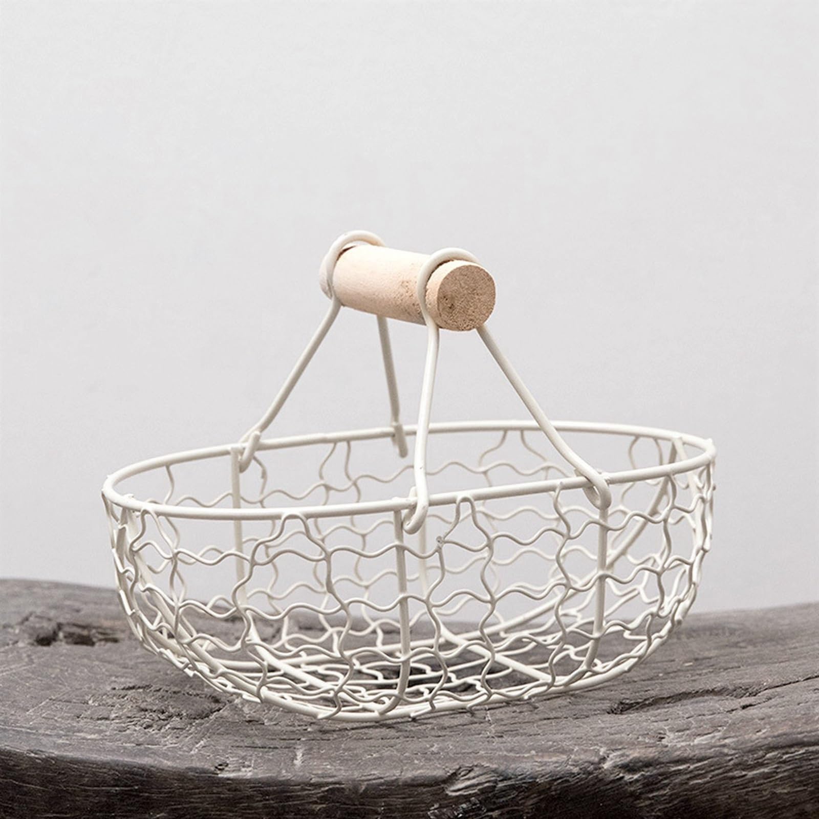 Obstkorb Obstkorb mit Holzgriff, Retro-Korb aus Metall, tragbar, multifunktional, for Gemüse, Obst, Eier, Lebensmittel, praktischer Aufbewahrungskorb, Organizer, Weiß Obstkorb-Schale