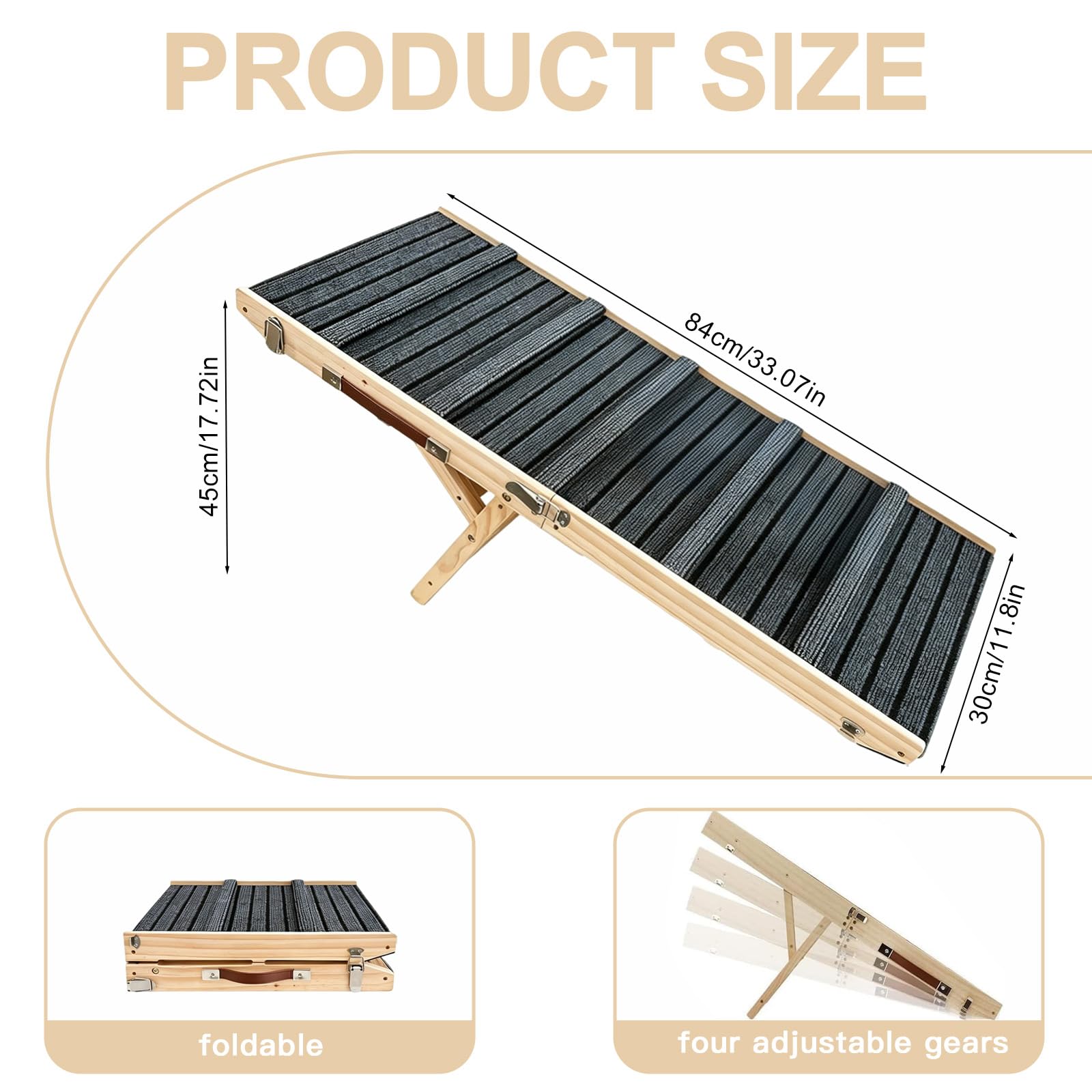 Hunderampe aus Holz, Hunderampe Auto Klappbar mit Nahtloser Verbindung zur Plattform, Klappbar Rampe für Kleine Hunde Katzen, Einstellbar Hunderampe für Sofa, Bett, Auto-bis zu 50kg (M)