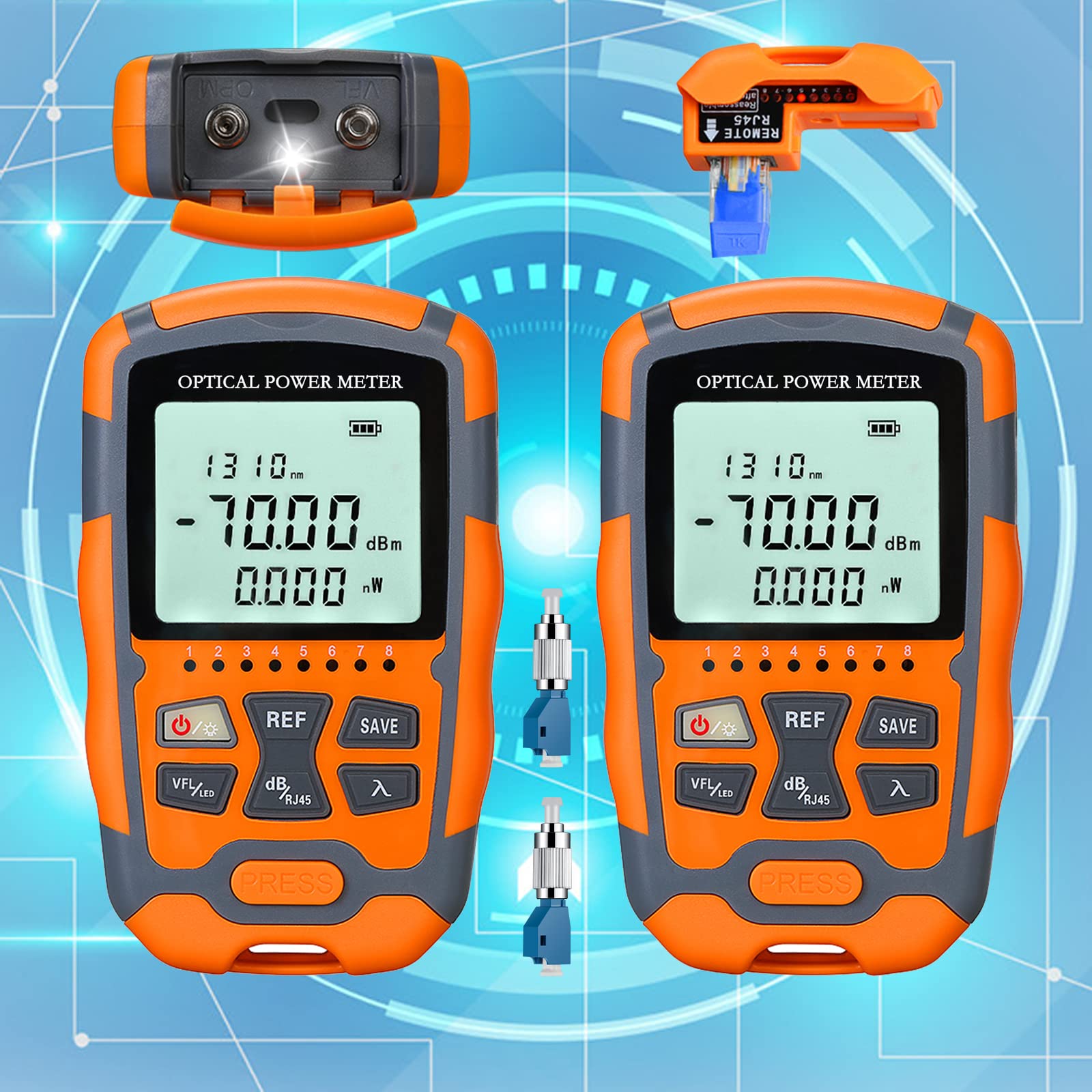 2pcs 4 in 1 Function VFL-10 Visual Fault Locator & OPM Portable Optical Power Meter (FC/SC/ST) & RJ45 Network Test & LED Lighting, Portable Fiber Optic Tester, Range: (-70) dBm ~ (+10) dBm