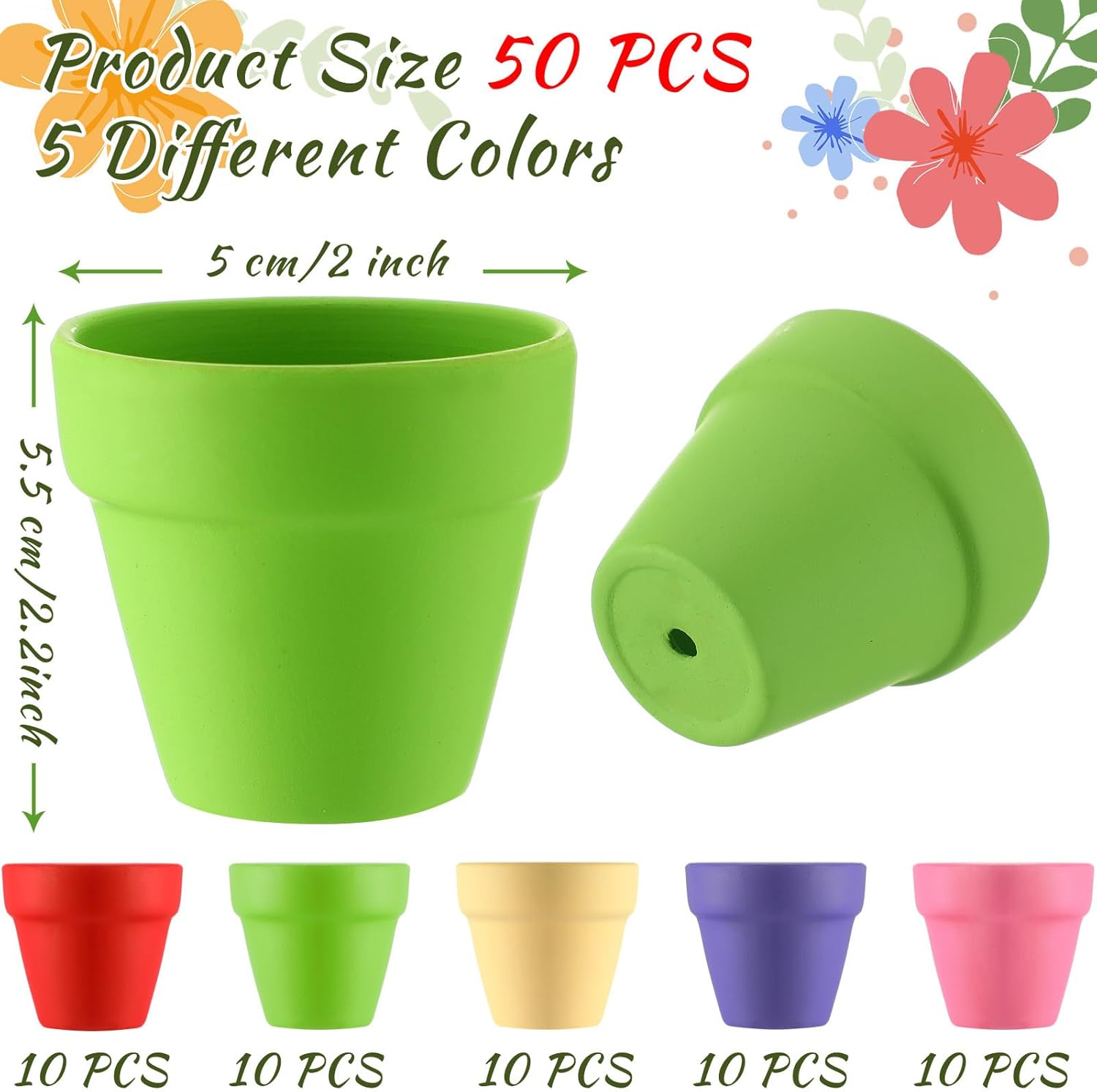 Tioncy 50 Pcs 2 Inch Small Mini Colored Clay Flower Pots with Drainage Hole Succulent Pots for Indoor Outdoor DIY Craft Wedding Favor
