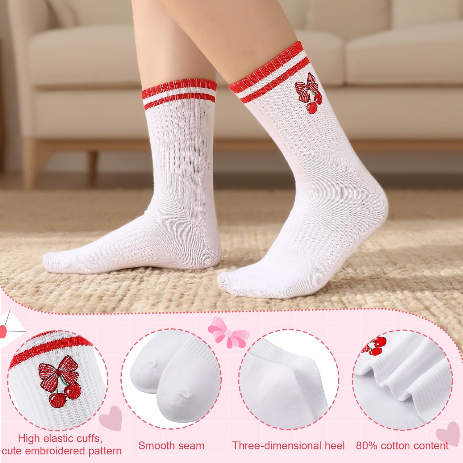 Jspupifip 6 Pairs Cute Cherry Crew Socks for Women Girls White Striped Crew Socks Funny Fruit Cotton Sock for Athletic Sports Running Casual Sock