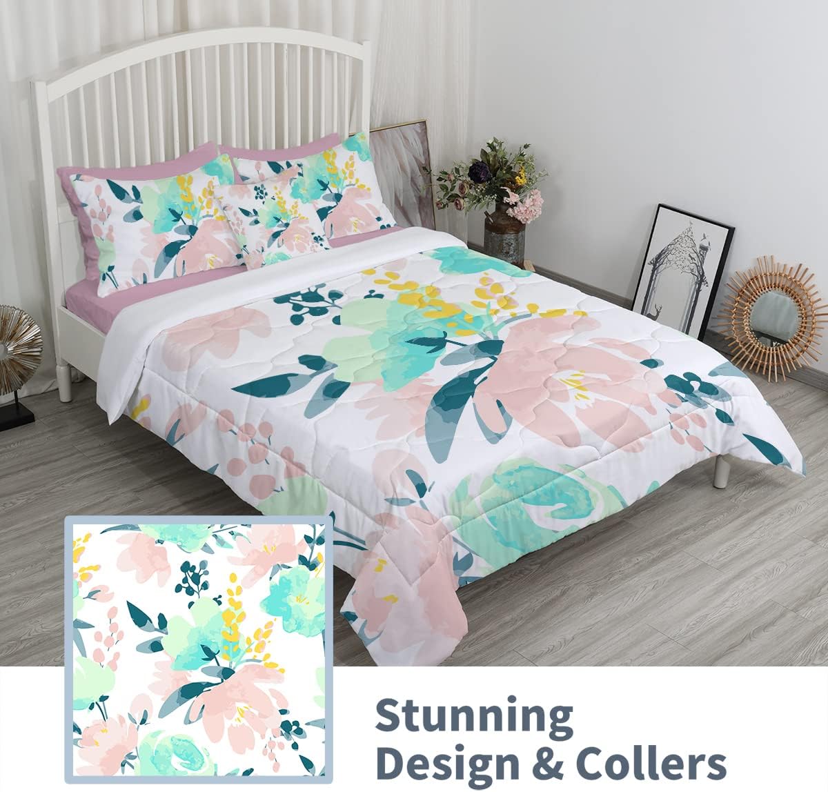 SOULZZZ Colorful Flowers Comforter Set 8 PCS Full Size Lightweight Floral Bedding Set Bed in A Bag with Comforter, Flat Sheet, Fitted Sheet, Cushion Cover, Pillowcases & Shams
