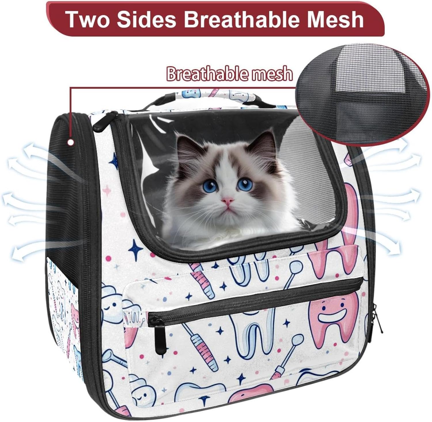 Portable Travel pet Backpack Carrier Hamster Bag Small Dog cat Carrier Breathable Hang Bag, Cute Teeth