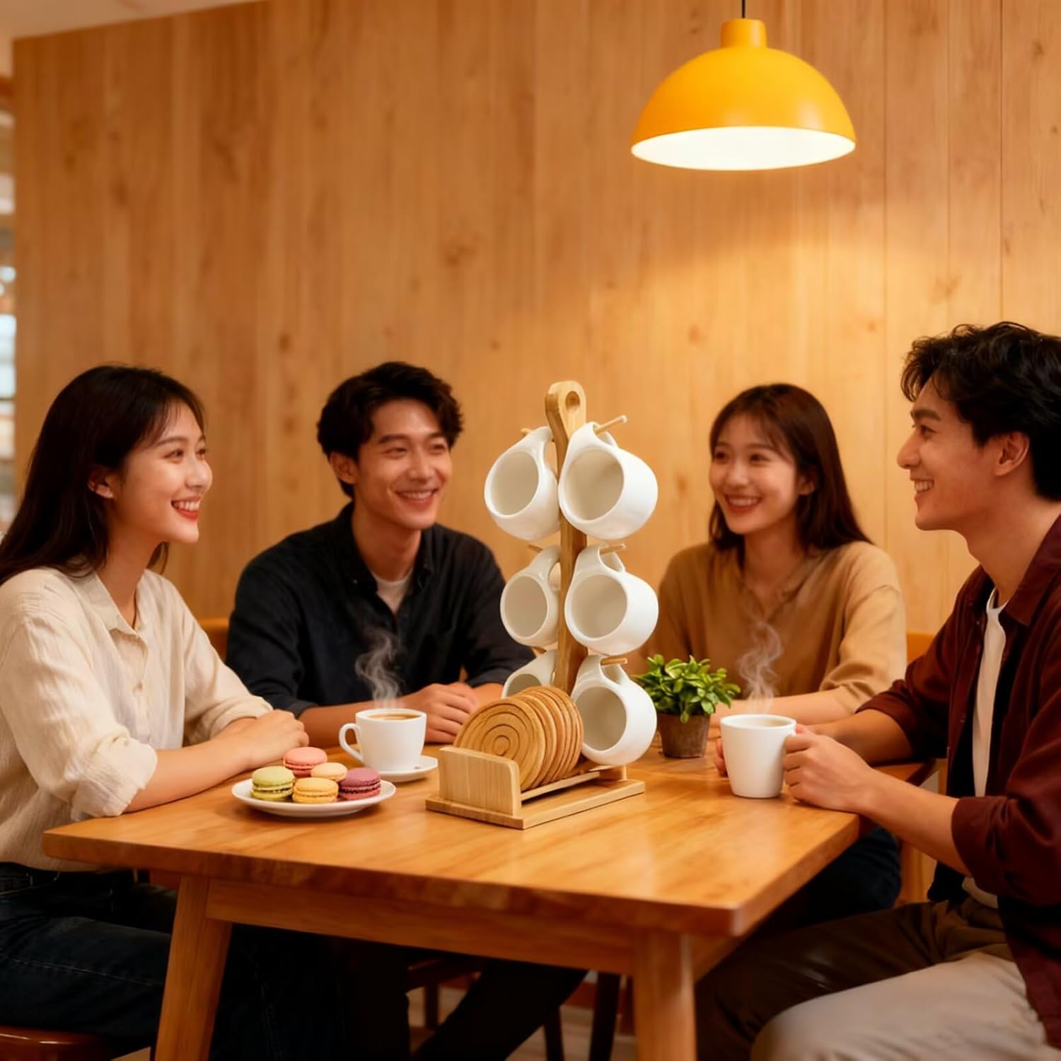 Ceramic Coffee Cup Shelf Set 6 Piece Creative Cup Stand and Saucer with Bamboo Frame Combination Coffee Mugs Kitchen Accessories Display 12.6x15.6x37.5cm