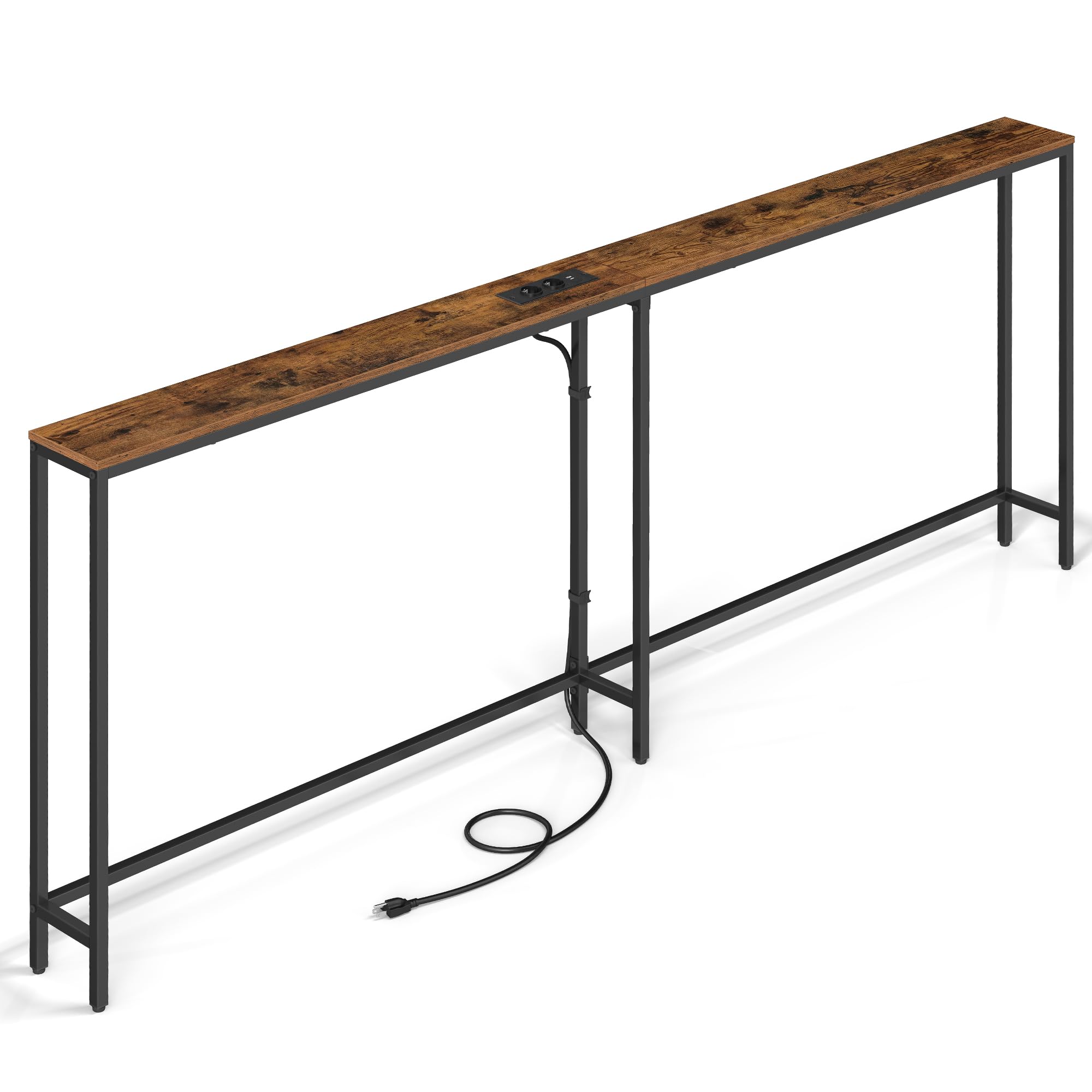 VASAGLE Konsolentisch mit Ladestation, schmaler Sofatisch, Flurtisch, 2 Tischplatten, einfache Montage, für Flur, Wohnzimmer, 15 x 200 x 80 cm, vintagebraun-Mattschwarz LNT077K102
