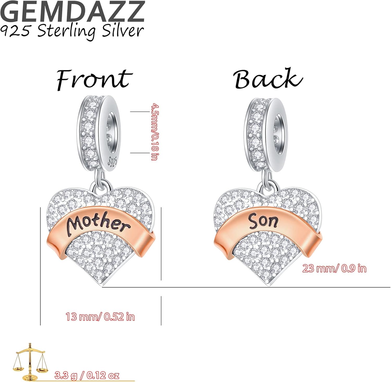GEMDAZZ Family Theme Charm, 925 Sterling Silver Mother Father Daughter Son Sister Nana Wife Husband Grandma Friend Godmother Goddaughter Clear Pave Heart Pendant Beads, fit European Women Bracelet
