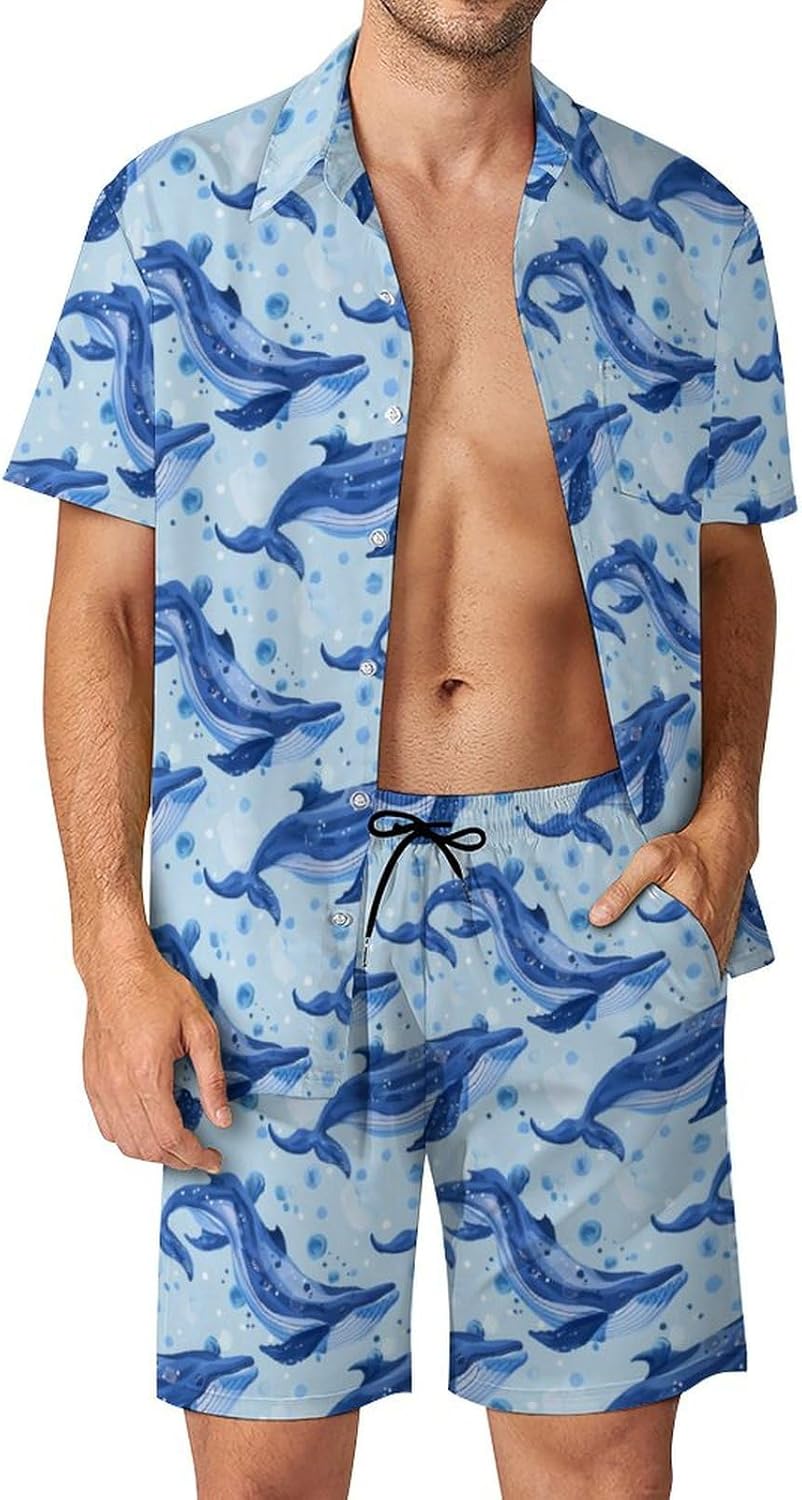 Whale Men's Summer Beach Outfits Shirt And Shorts Set 2 Piece Vacation Swimwear