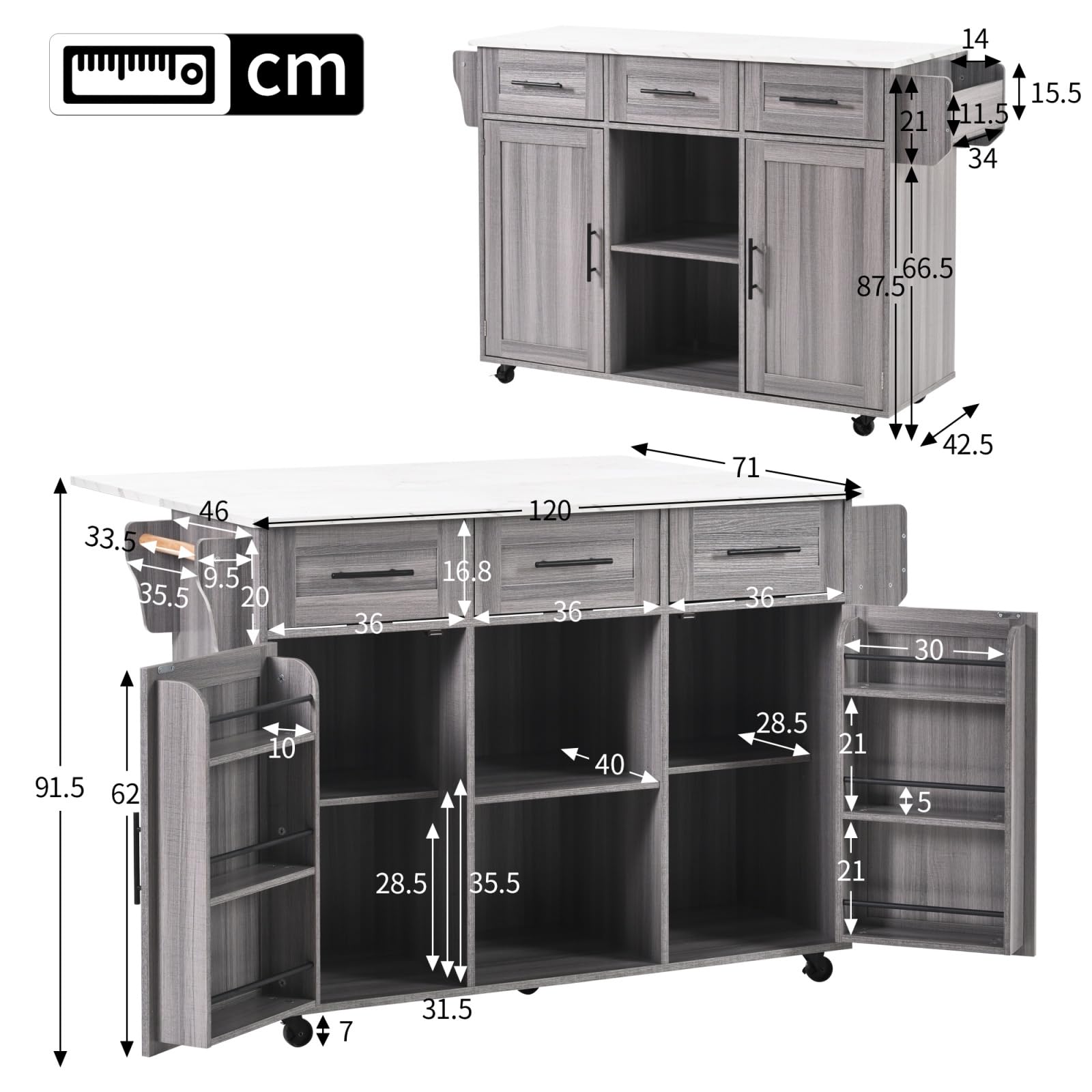 YEHTOKHOME Îlot Central Cuisine avec Plan Rabattable, Desserte de Cuisine à roulettes, Buffet Salle a Manger avec 2 Portes et 2 Tiroirs, Étagère à Épices,Porte-Serviettes (Gris)