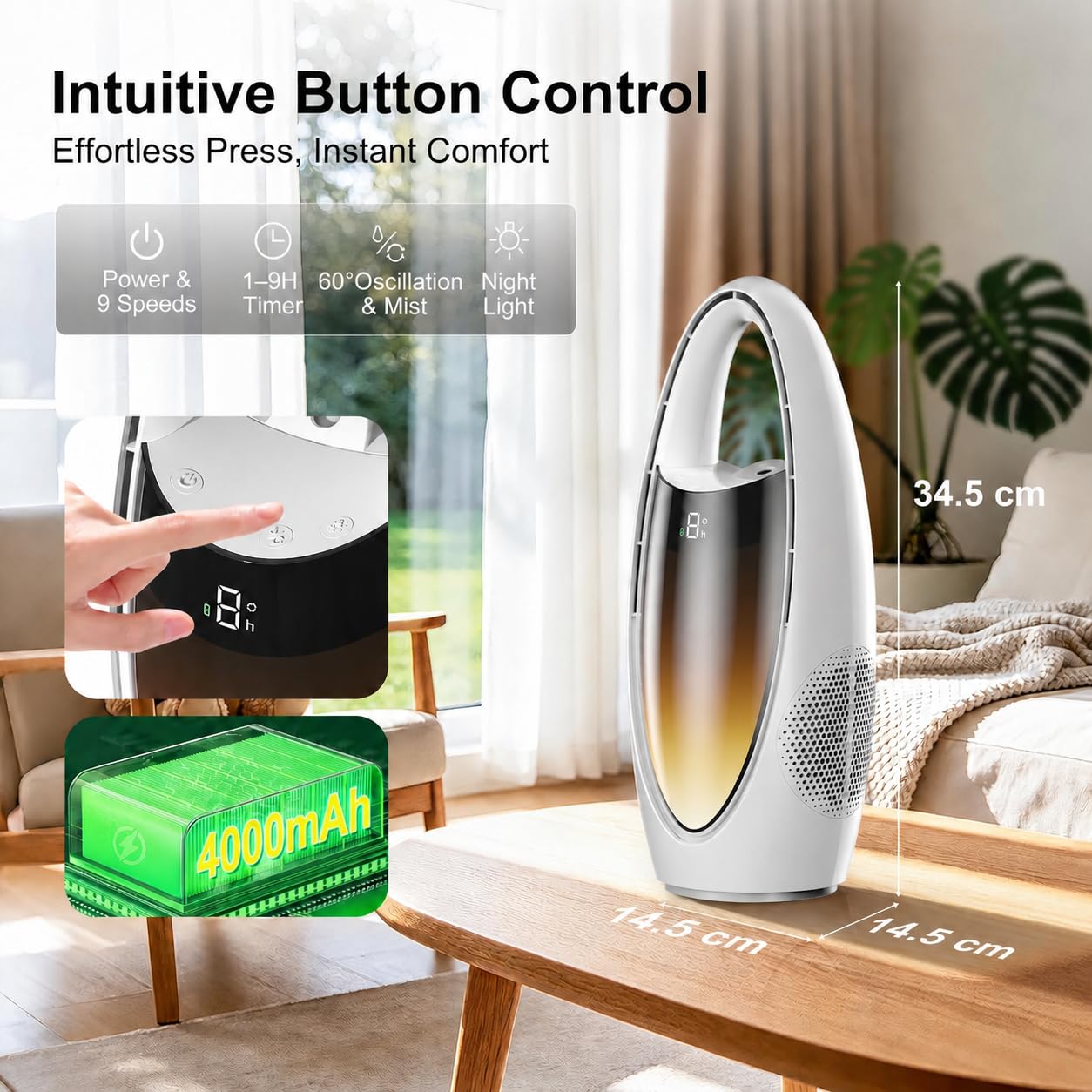 VOMI Ventilateur de table sans rotor avec brume, batterie 4000 mAh