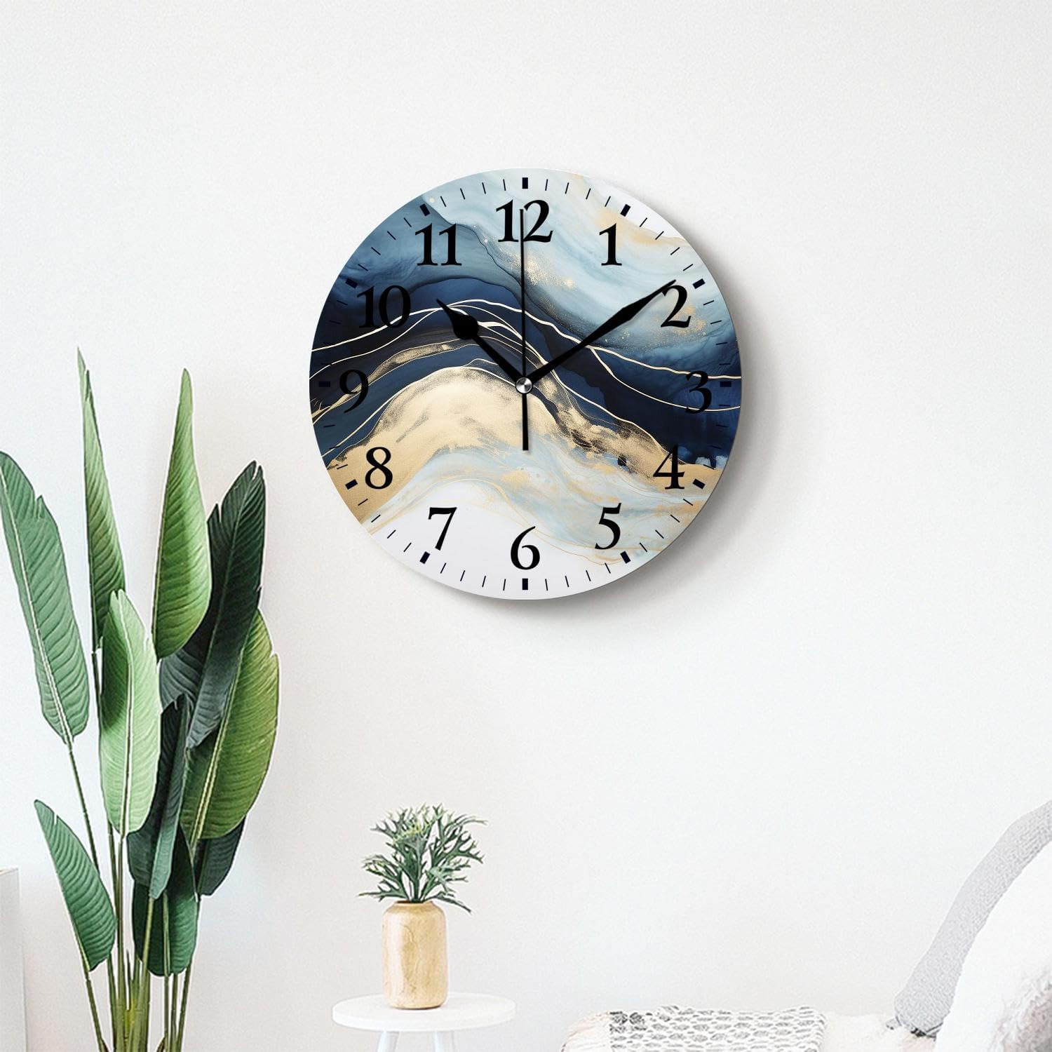 Silent Quartz Wall Clocks Non-Ticking Battery Operated Modern Wall Clocks Decorative for Office,Bedroom,Kitchen-Gold Blue Marble Abstract Painting(12inch)