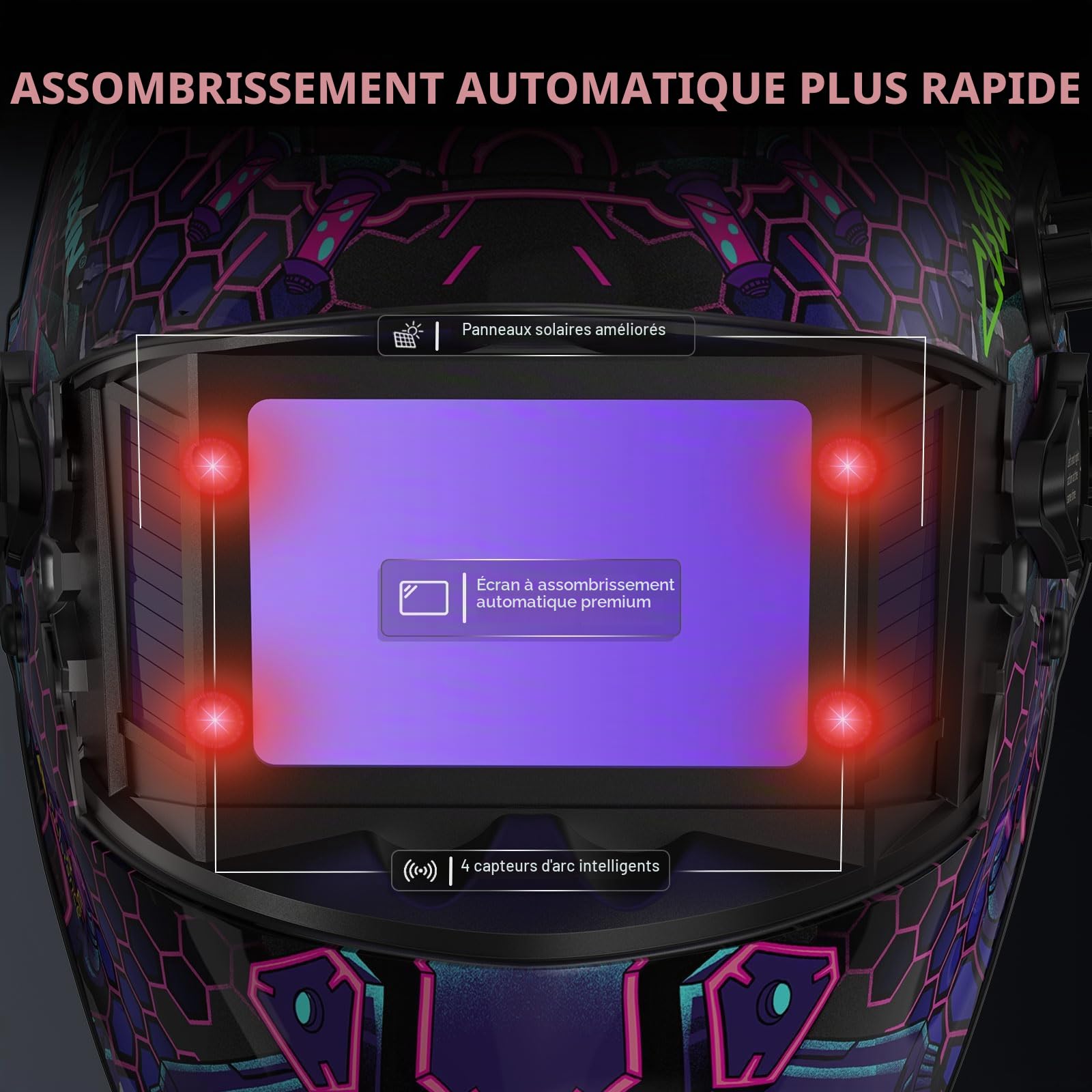 ARCCAPTAIN Grand casque de soudage automatique foncé 21,6 x 6,1 cm Masque de soudage couleur réelle avec vue latérale, large masque de soudeur pour TIG MIG ARC