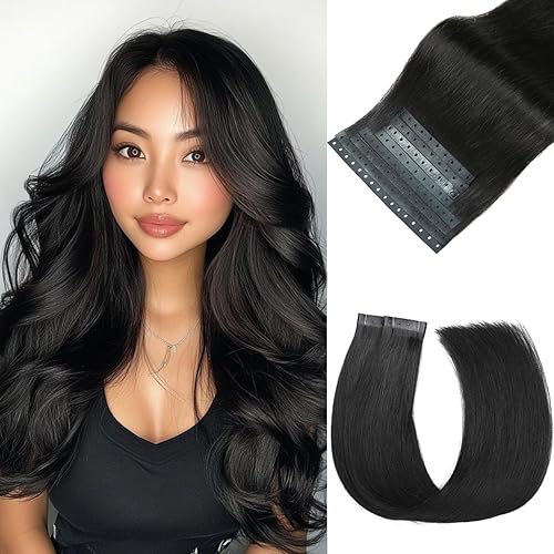 Micro Ring PU Hair Extensions Remy Human Hair Extension Natural Black Glueless Skin Weft Human Hair Extensions PU Invisible Tape in Hair Extension for Women (70g 8Pcs,16 Inch)