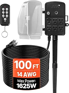 VEVOR Outdoor Power Stake Timer, 100FT Extension Cord, Remote Control Outdoor Power Strip with Cover, Dusk to Dawn Light Timer Waterproof, 6 Outlets for Halloween Christmas Lights, Garden Decorations