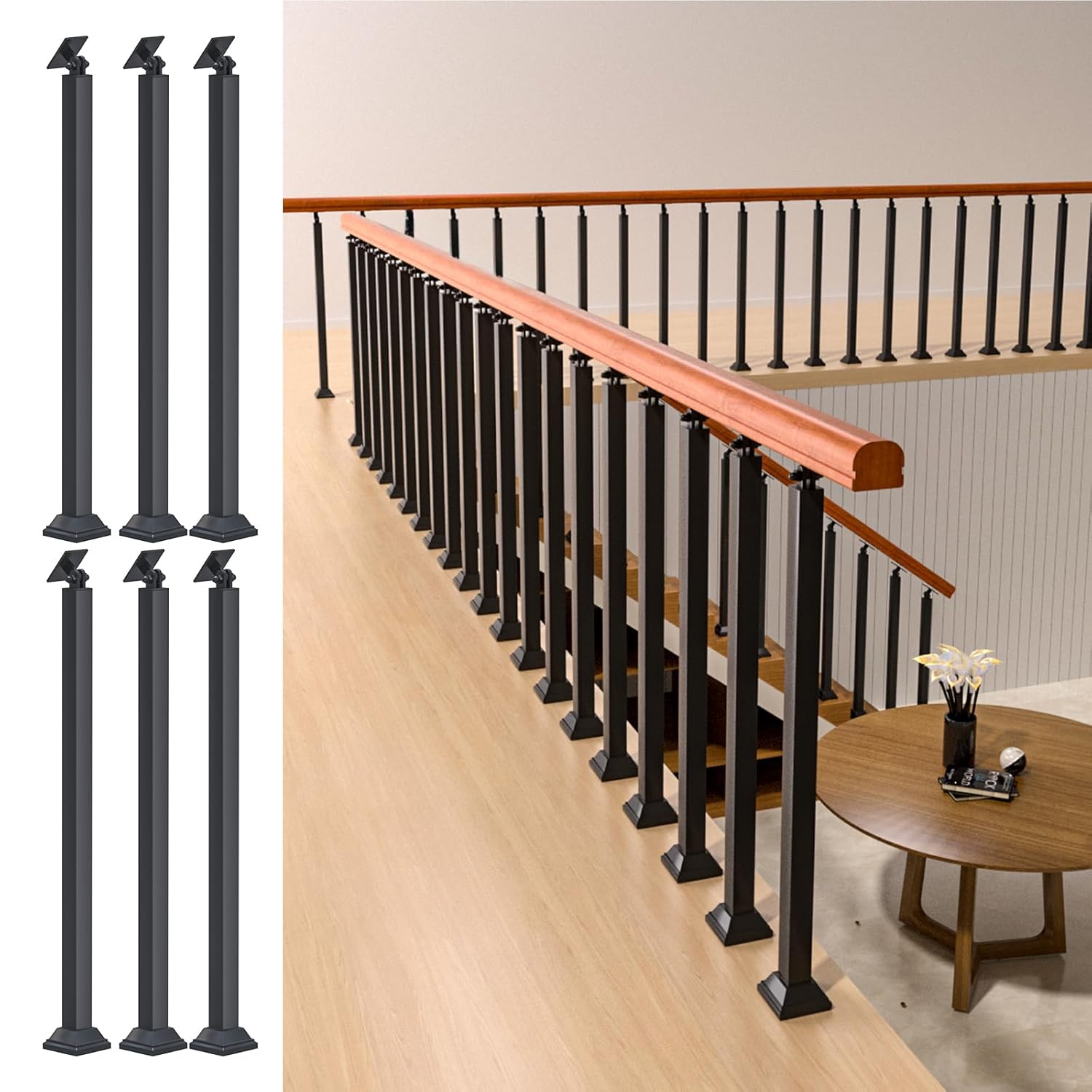MM MELISEN Indoor Stair Railing Kits, Black Metal Baluster Posts, with 270° Adjustable Railing Spindles, for Steps, Balconies, Staircases, Decks, Patio Stairs and Outdoor Decor. (Height: 35.43 in) 35.43 inches / 90 cm Black-Front Mount 6