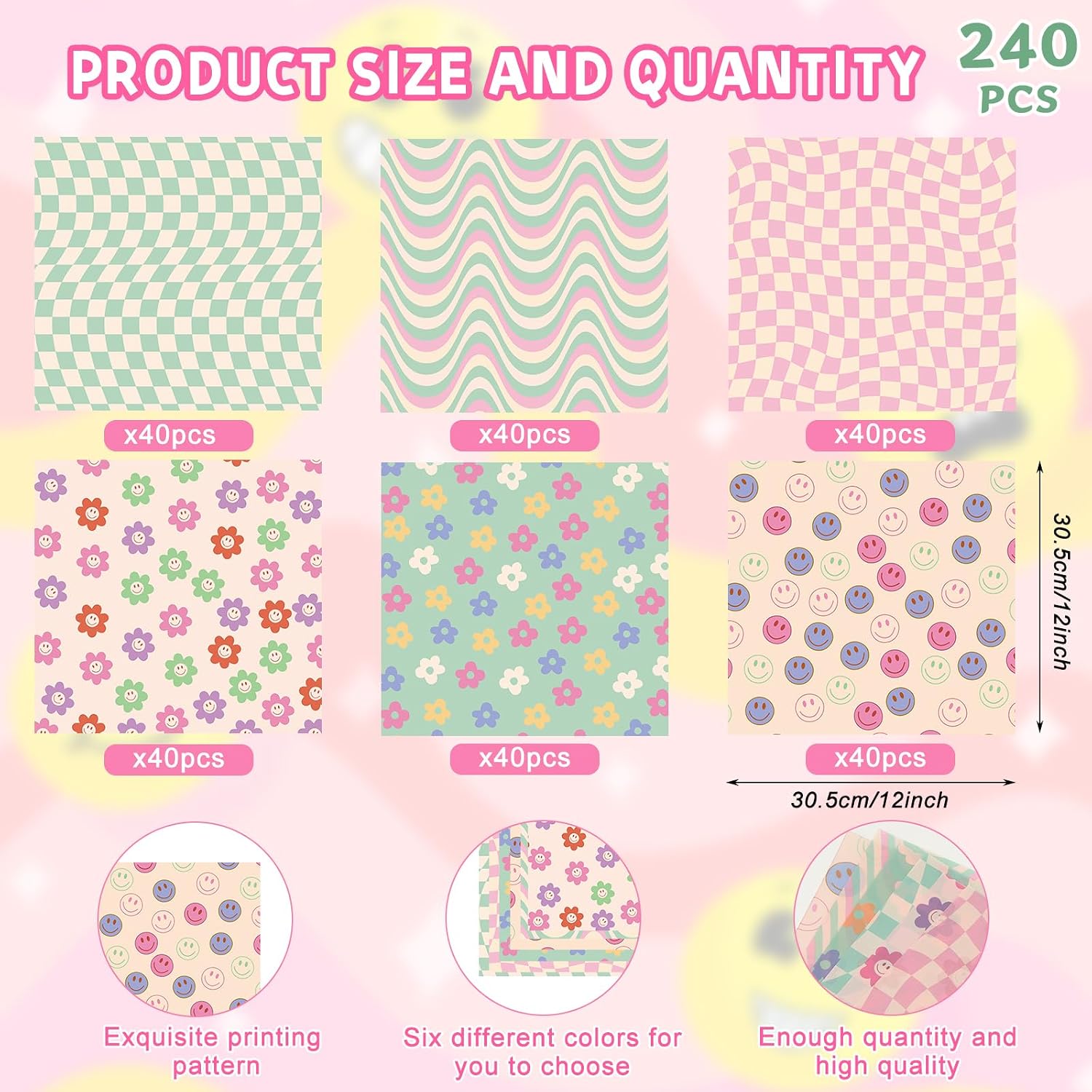Whaline 240Pcs Groovy Deli Paper Pastel Retro Smile Daisy Checkered Food Sandwich Wrapping Paper 12 x 12 Inch Groovy Hippie Food Basket Liners for Picnic Barbecue Kitchen Party Supplies