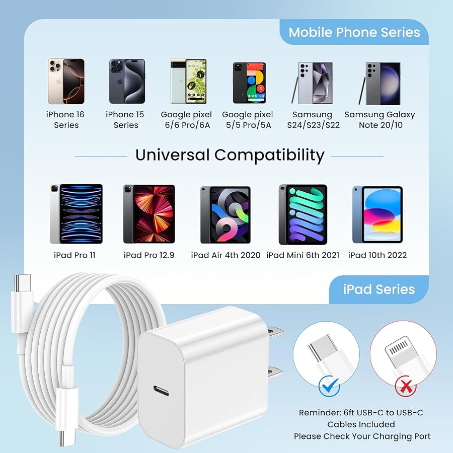 iPhone Charger Fast Charging 20W 3-Pack iPhone 17 Charger & 6FT USB C Cable | iPhone 18 Charger for Home, Office & Travel, USB C Charger Compatible with iPhone 18/17/16/15,iPad,Galaxy and Type-C Devices, image 6