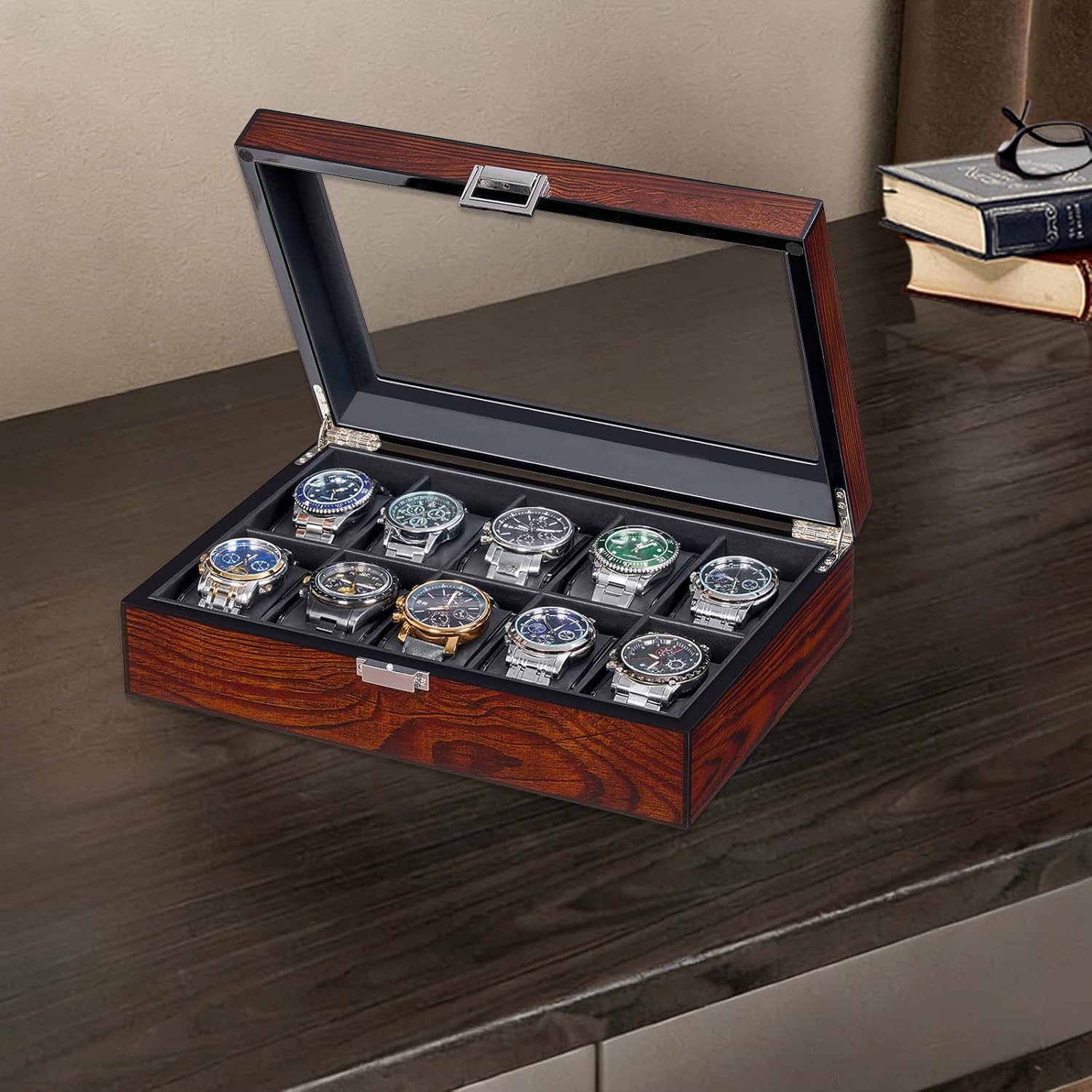 BEWISHOME Watch Case, 10-Slot Watch Box with Large Glass Lid, Wooden Watch Box Organizer for Men, Watch Storage with Removable Watch Pillows, Synthetic Leather Interior, Brown SSH10Y