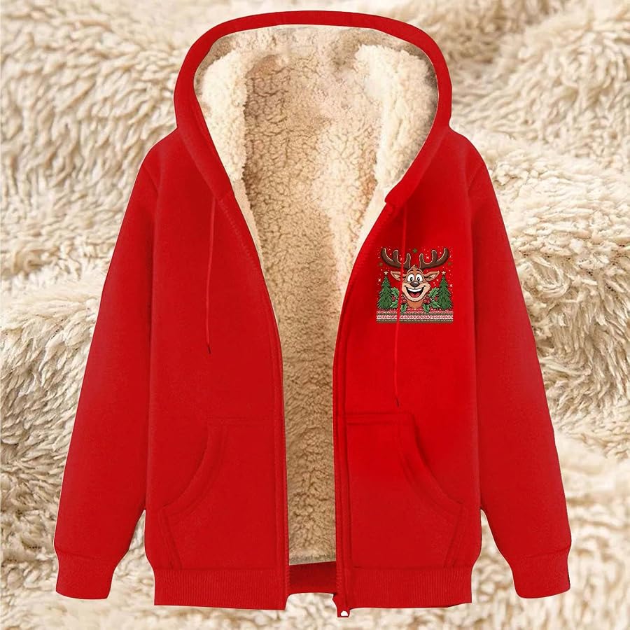 Weihnachtspullover Damen Lustig Fleece Gefüttert Sweatjacke Winter Hoodie | Guhmomh Rot XL Sweatshirt Jacke mit Kapuze Teenager Mädchen Kapuzenjacke Weihnachten Oberteile Christmas Weihnachtspulli, Bild 5