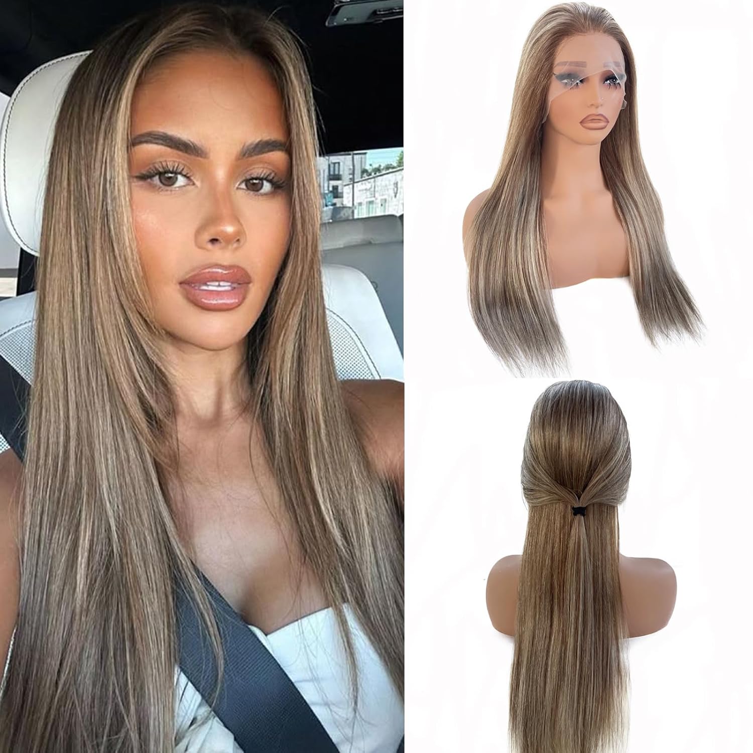 13 * 4 Straight Lace Closure Human Hair Wigs Brazilian Lace Front Wig for Women 180% Density Pre Plucked with Bleached Knots, 16 Inch Light Brown to Blonde Hair Replacement Wig