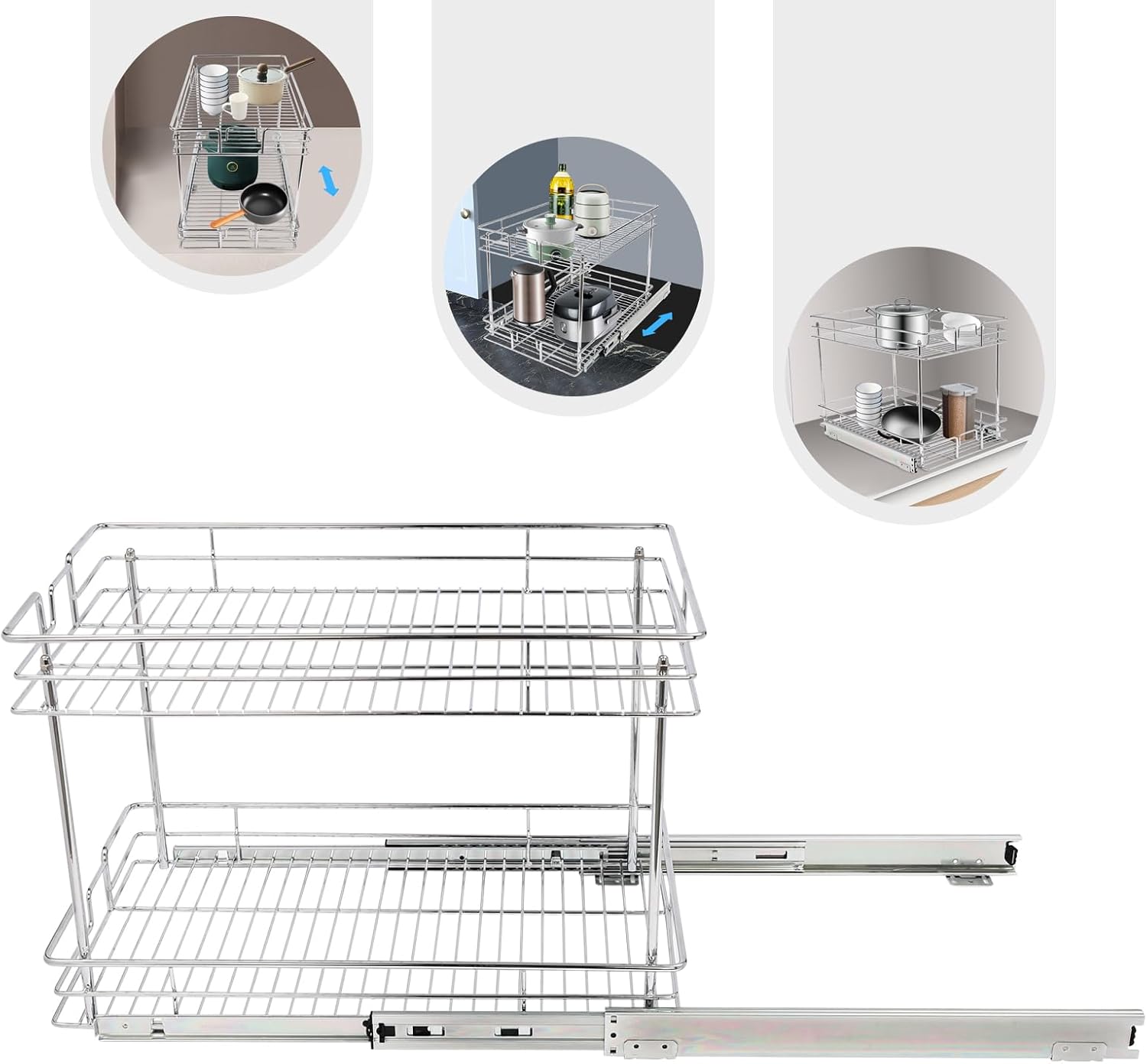 Pull Out Cabinet Organizer, 2-Tier Cabinet Pull Out Shelves Kitchen Cabinet Organizer Storage Kitchen Cabinet Pull Out Shelf and Drawer Organizer Slide Out Drawer Pantry Shelf (Silver, 13.5x21.5in)