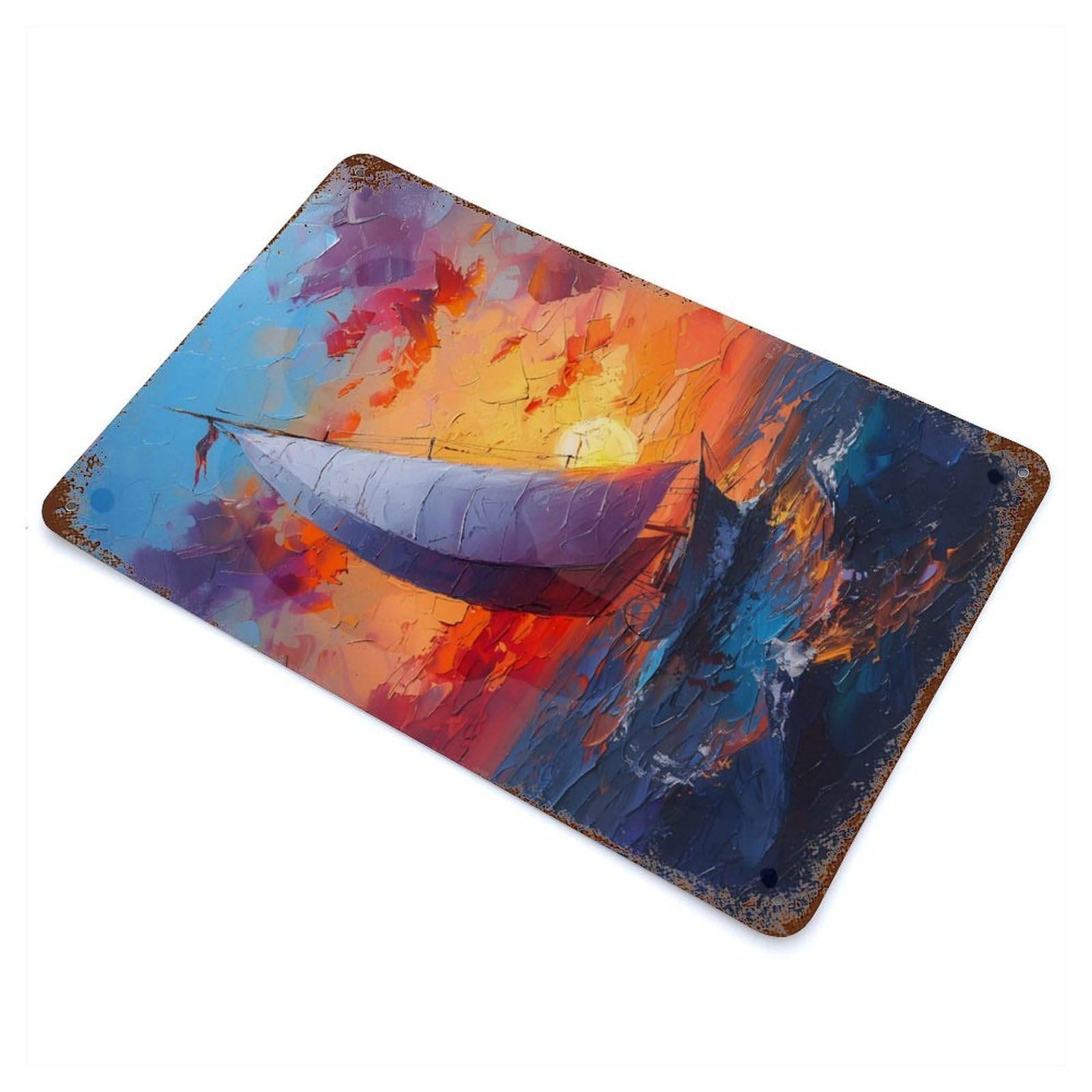 Sailboat Sunset Painting Retro Metal Sign 11.8"x7.9", Vintage Wall Decor for Garage, Pub Or Kitchen