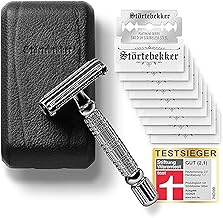 Störtebekker® Hamburg Premium Safety Razor in Handmade Leather Case, Set with 10 Razor Blades, Travel Case and Built-in Mirror, Vintage Style with 2-Sided Blade Head