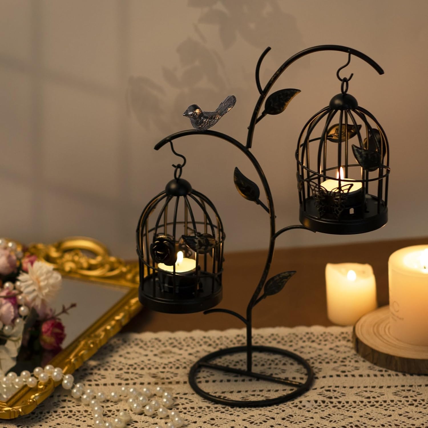 Decorative Birdcage Candle Holders for Tealight Candles, 13.8in Tall Black Vintage Candle Holder, Metal Bird cage Candle Stands for Rustic Home Decor Table Wedding Christmas Centerpiece Bird Decor