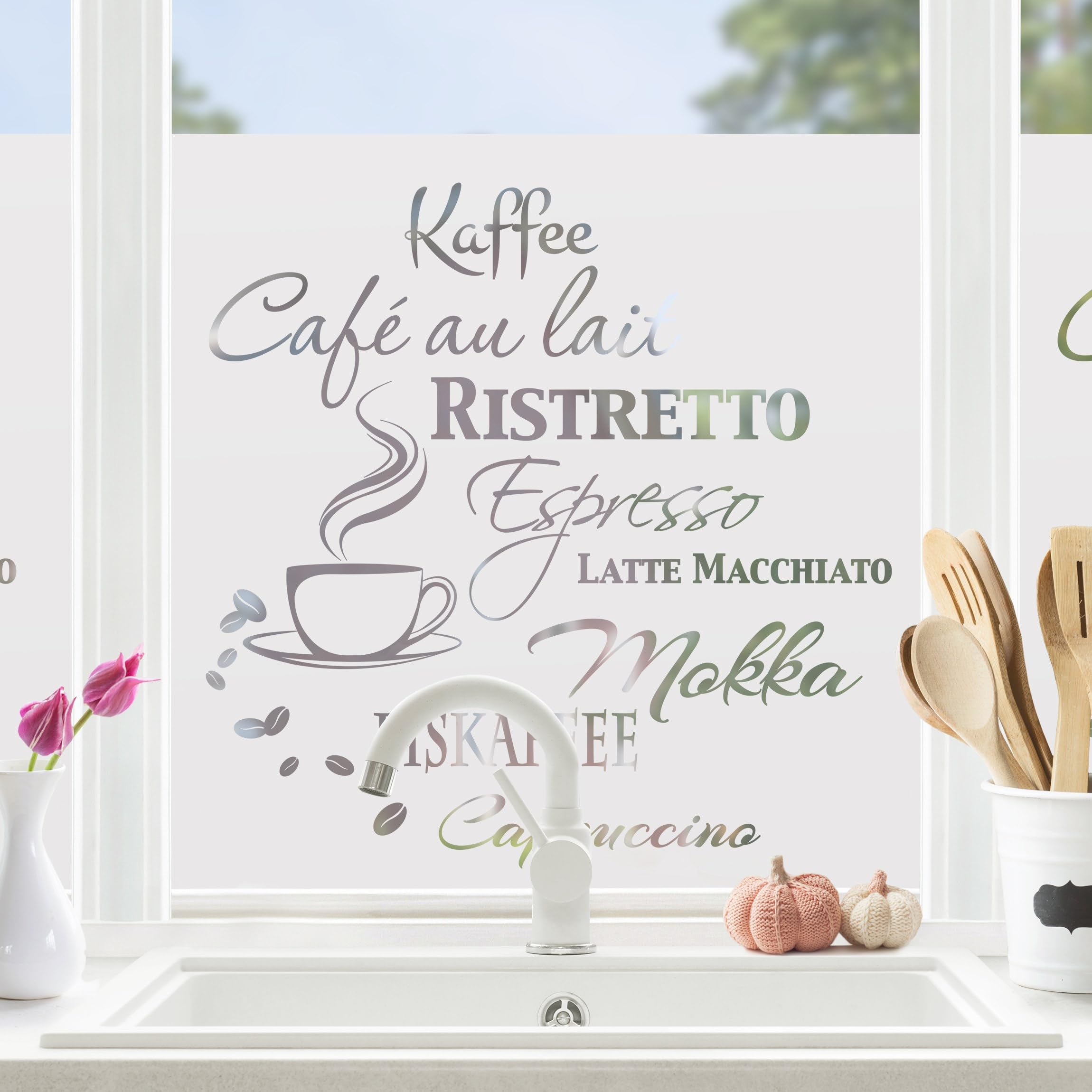 Fensterfolie statisch haftend Sprüche Sichtschutz Milchglas - Made in Germany - Kaffee Typo Blickdicht Scheibe Innen Küche Glas 1684 (80x80cm)