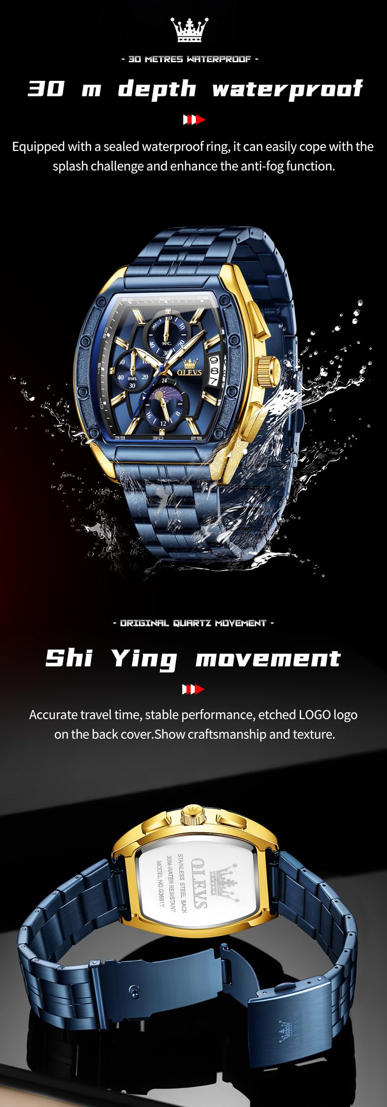 OLEVS Mens Watches Analog Quartz Chronograph Square Dress Watch for Man Stainless Steel or Leather Band Waterproof Luminous Date Male Watch