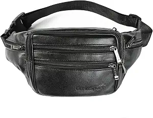 Black Leather Fanny Pack for Men & Women, Multi-Pocket Waist Belt Bag for Travel, Sports, Hiking, Cycling, Running