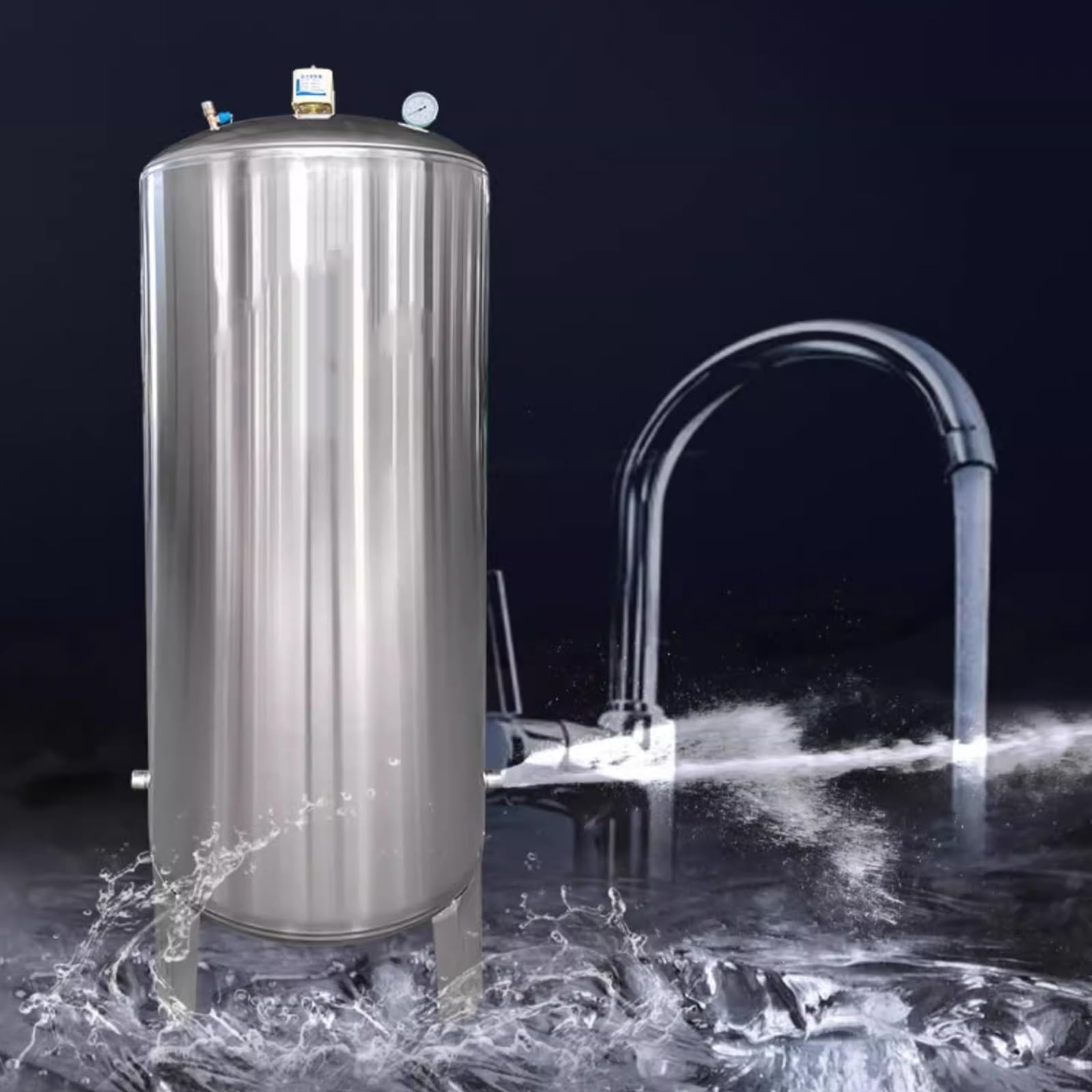 Aocdnek One Color Vertical Stainless Steel Pressure Tank, Domestic Tap Water Booster Tank, Fully Automatic Water Supply System With Cleaning Ports, For Industrial/Domestic Water Use(300L/79.2Gal)