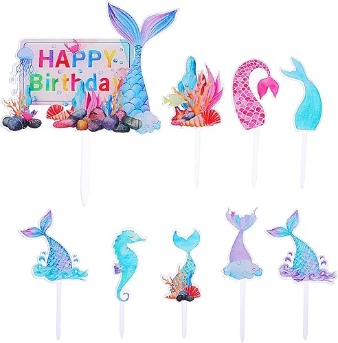 9 piezas de tarjetas de sirena con cola de sirena, decoración para cupcakes, decoración de tartas de cumpleaños, decoración de frutas, mariposas