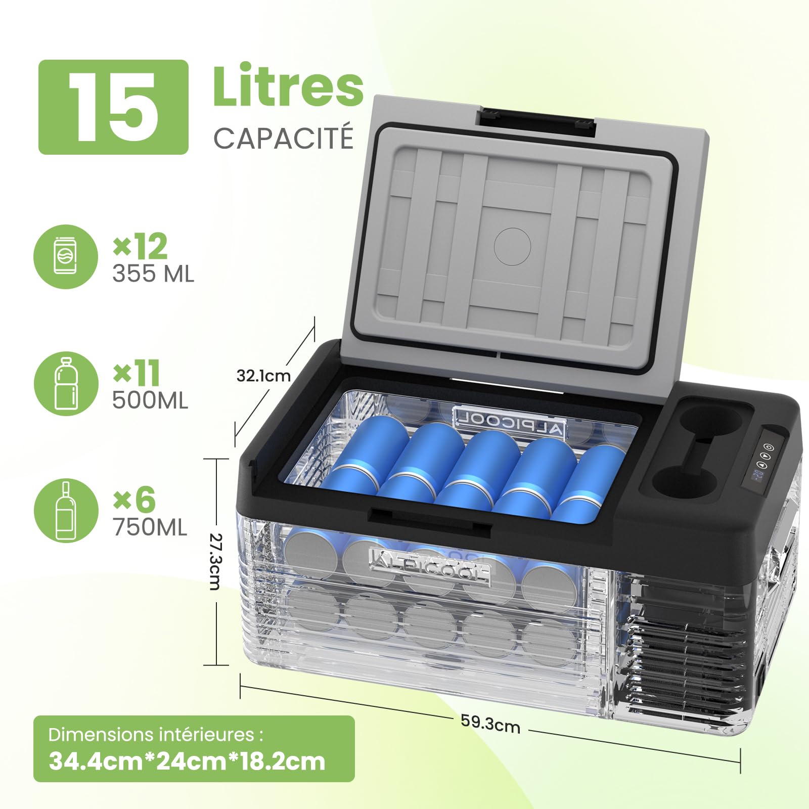 Alpicool CL15 Réfrigérateur de Voiture 15L Neuve 2026, Portable Glacière à Compression, 12V/24V Réfrigérateur Frigo Voiture pour Camion, Camping, RV, Voyage en Voiture, Pique-Nique, -20℃-20℃