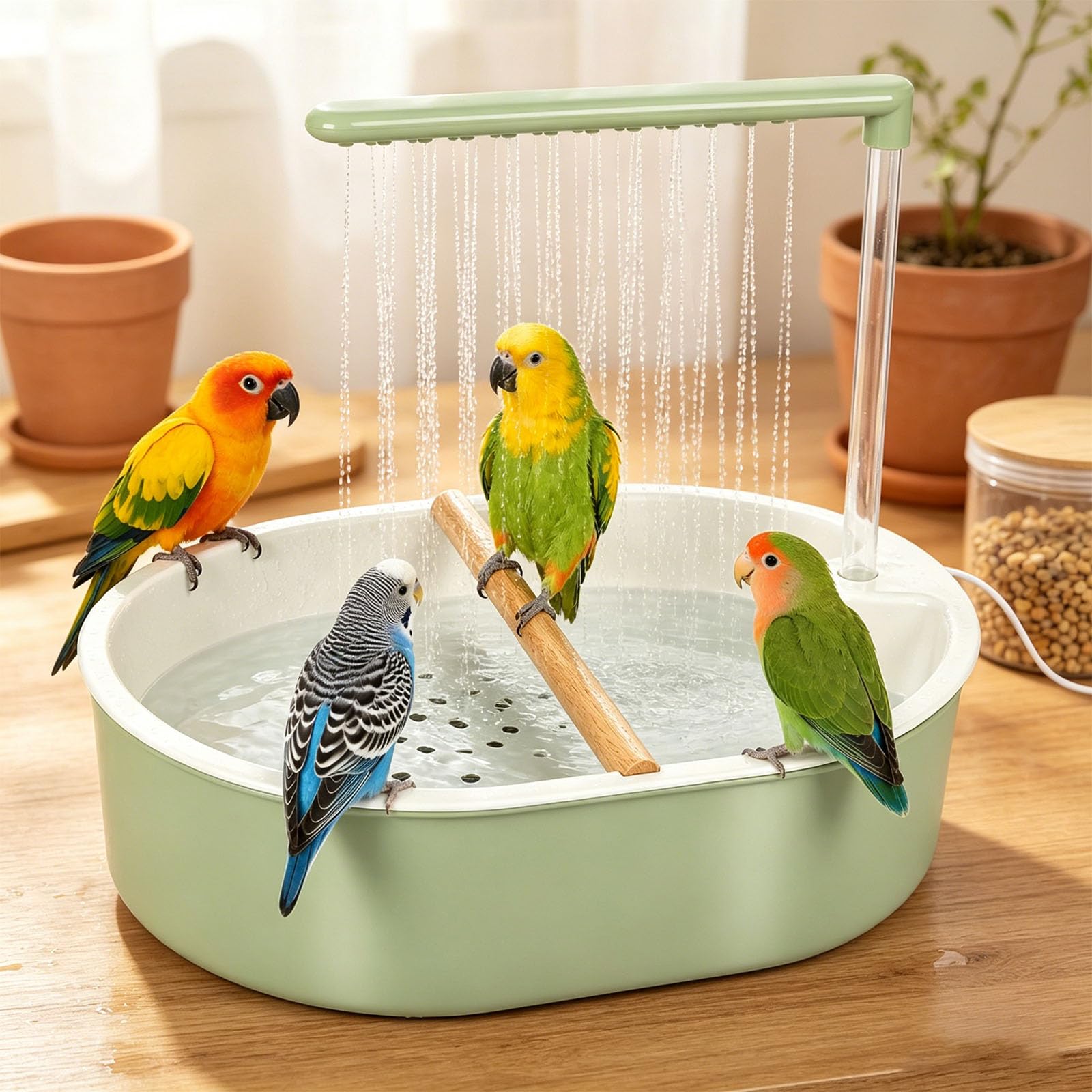 Ducha para pájaros, periquitos, ducha con bomba USB, ciclo de agua, para periquitos, periquitos, cacatúas, verde