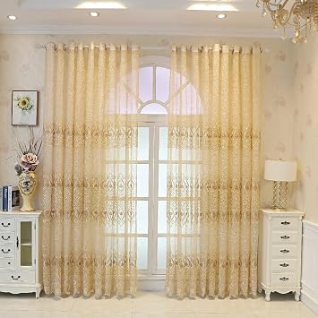 Amidoudou 1 Pair European Jacquard Sheer Curtains Embroidered Tulle Curtains Living Room Bedroom Luxury Translucent Curtains (Gold,51x84 Inch)